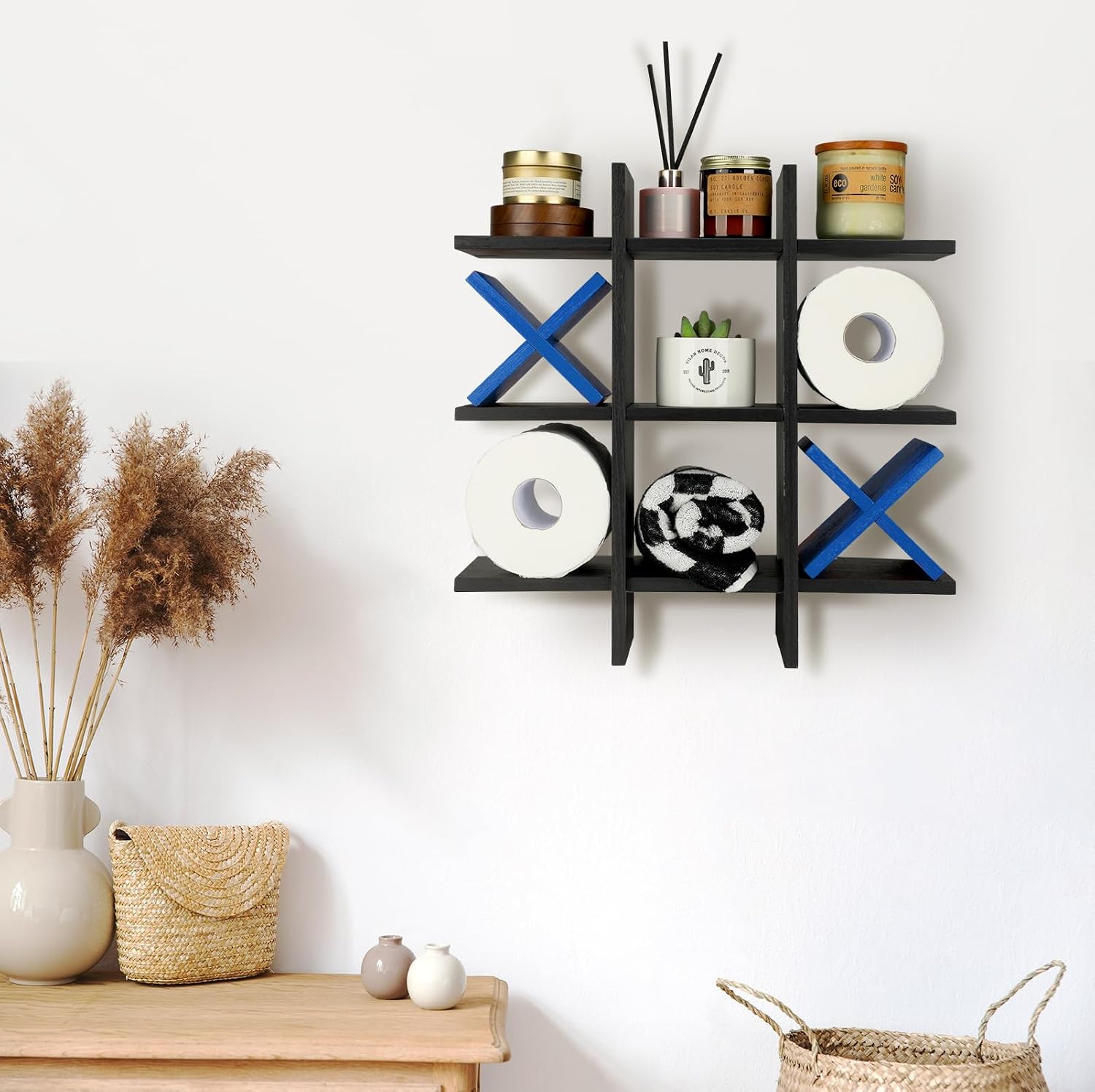 Weysat Tic Tac Toe Toilet Paper Holder,Black, Dark Blue | Farmhouse Bathroom Decor, Freestanding or Wall Mount Storage