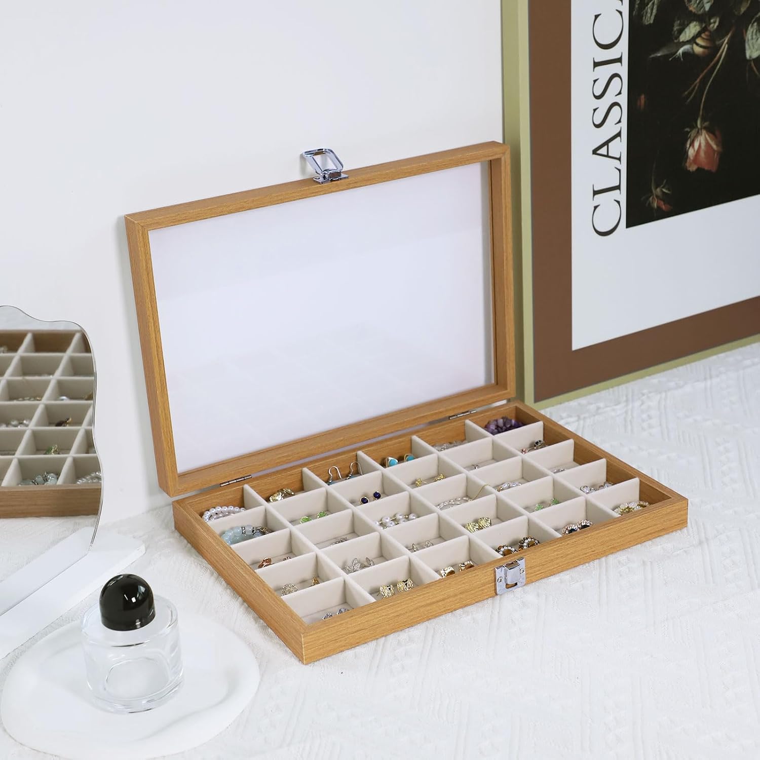 30 Grid Wood Jewelry Organizer / Beige / Set of 30
