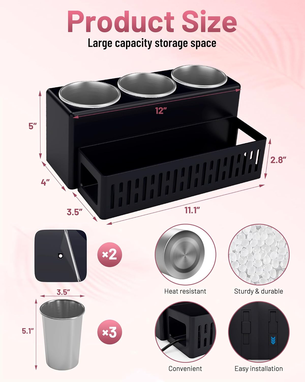 Hair Tool Organizer, Detachable Hair Dryer Holder with 3 Stainless Steel Cups, Wall Mounted Bathroom Organizers and