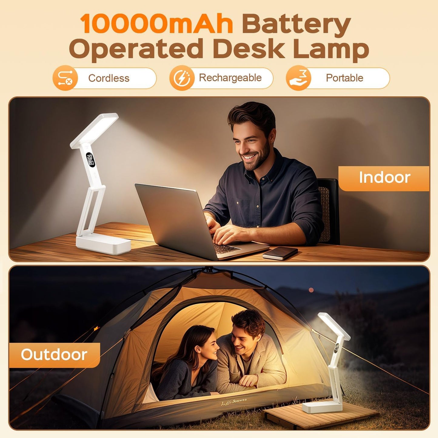 Small Desk Lamp,10000mAh Battery Operated Lamp,3 Colors+Dimmable Desk Light,LED Desk Lamp with USB Charging