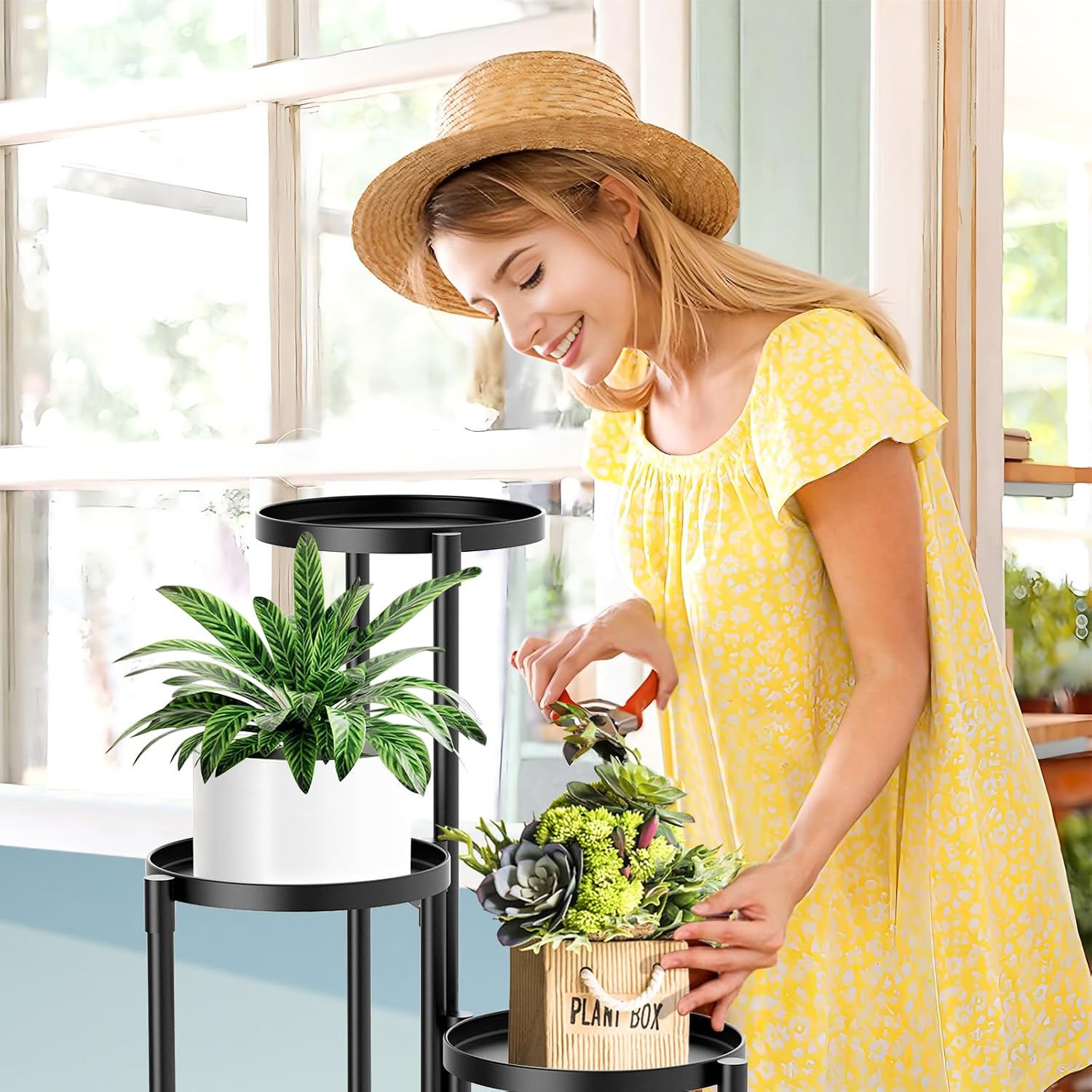 3 Tier Metal Corner Plant Stand Indoor Outdoor, 10 Inch Wide Tray, Black | 30 In Tall Foldable Iron Flower Pot Holder
