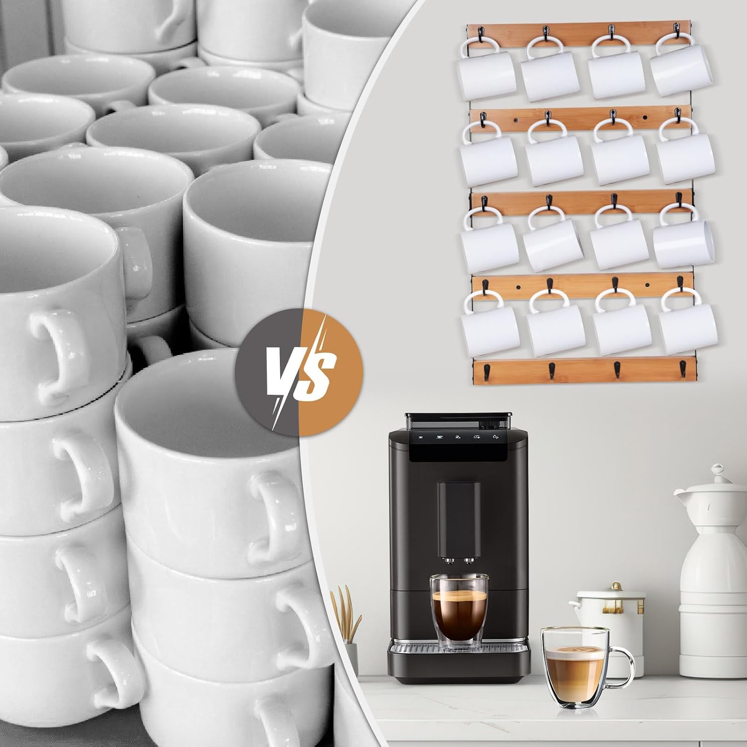Wall Mounted Coffee Mug Holder, Large 5 Tier Shelf with 20 Hooks for Cups, Rustic Wooden Display Rack for Kitchens