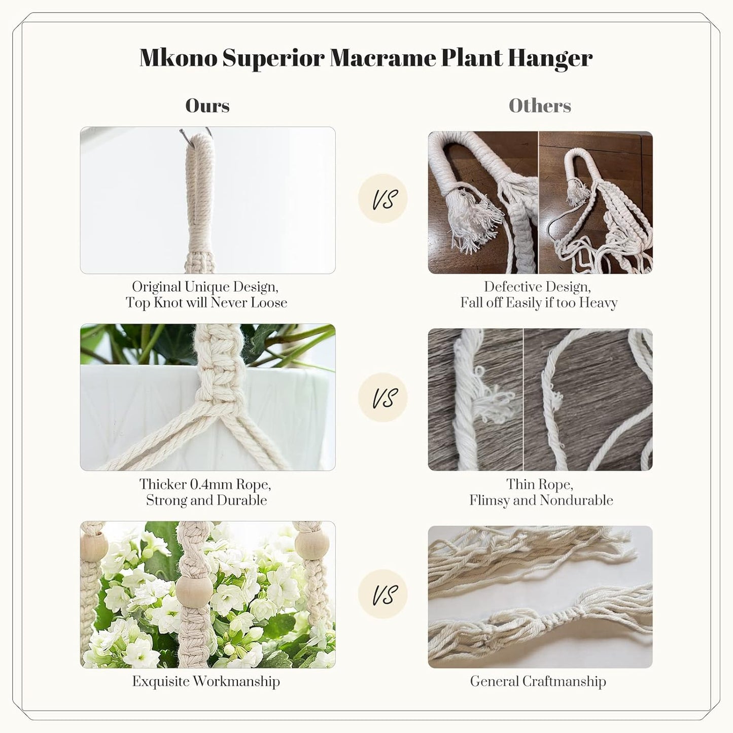 Macrame Plant Hangers Indoor Different Size Hanging Planter Basket / Medium / Ivory / Set of 3