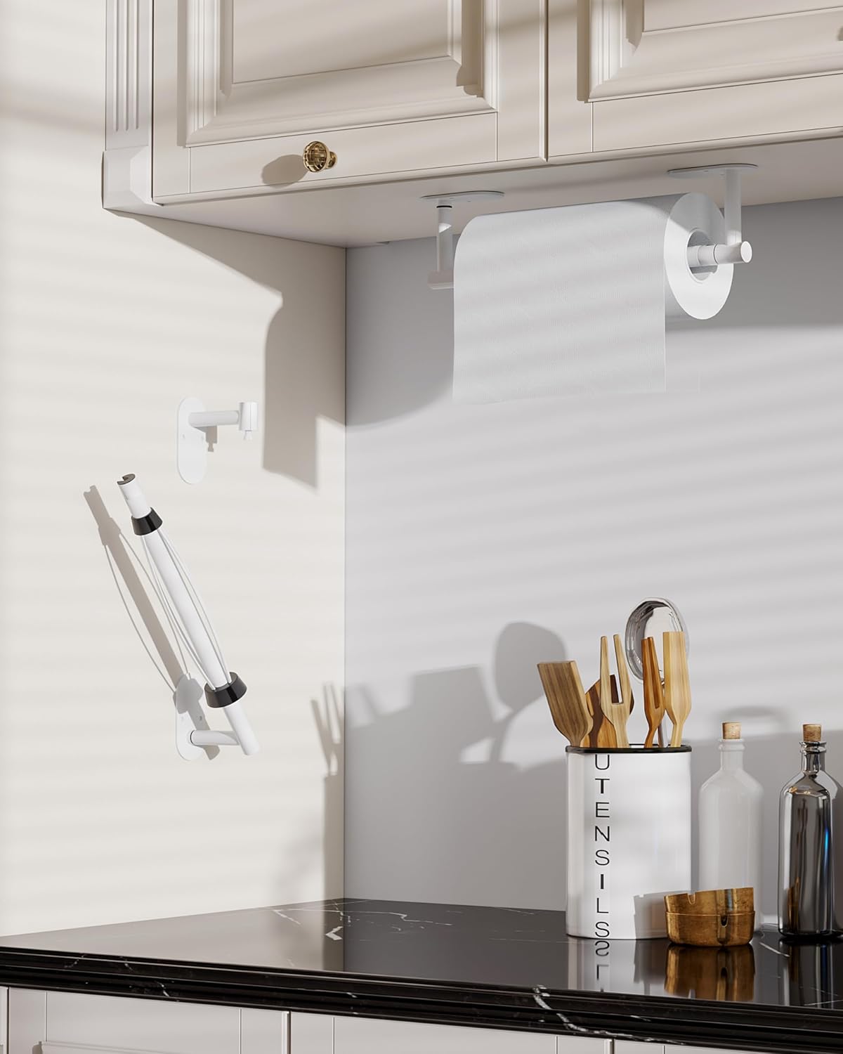 Paper Towel Holder Under Cabinet One Hand Operable, White | Round Base,Damping Effect, Drill Wall Mount or