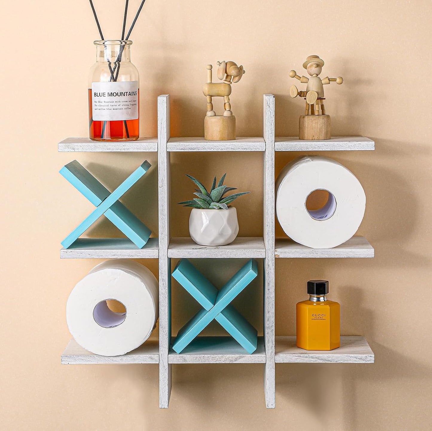 Weysat Tic Tac Toe Toilet Paper Holder,White, Light Blue | Farmhouse Bathroom Decor, Freestanding or Wall Mount Storage