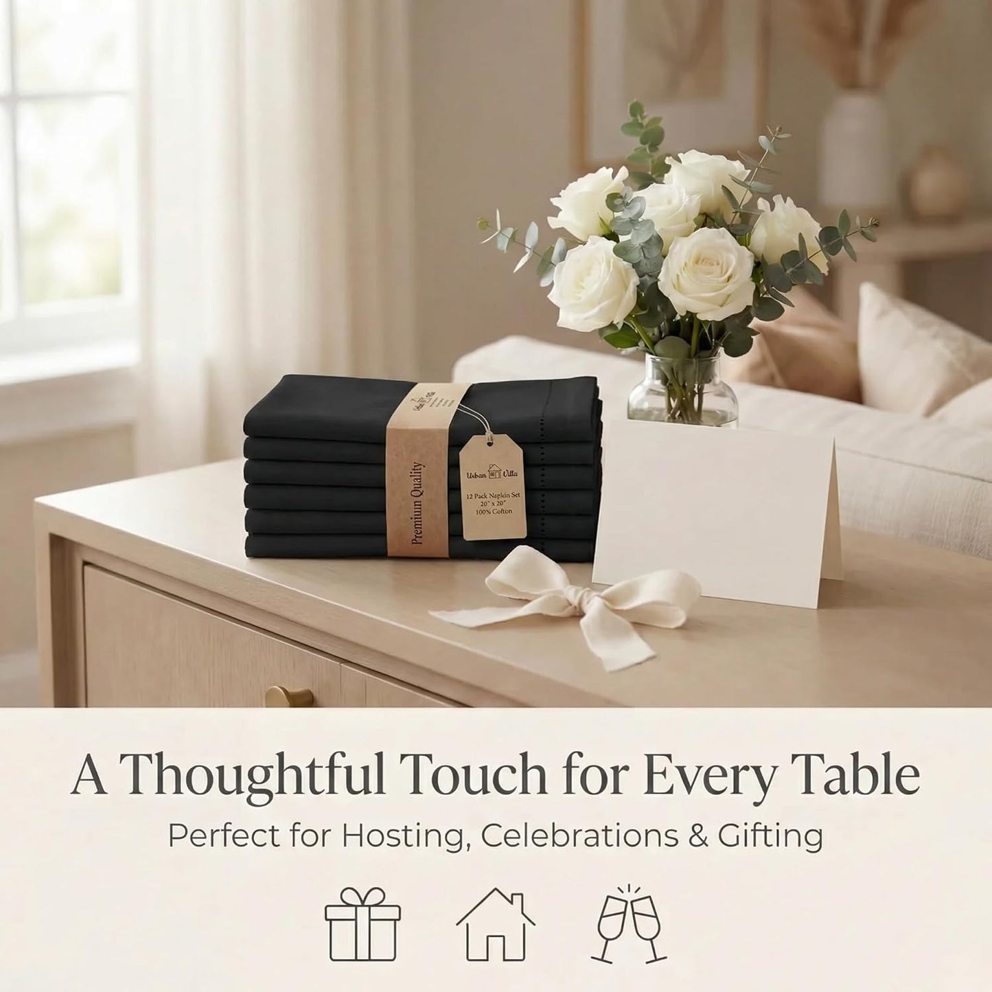 Urban Villa Hemstitch Cloth Dinner Napkins Cotton 20”x20” (Set of 12)-Black