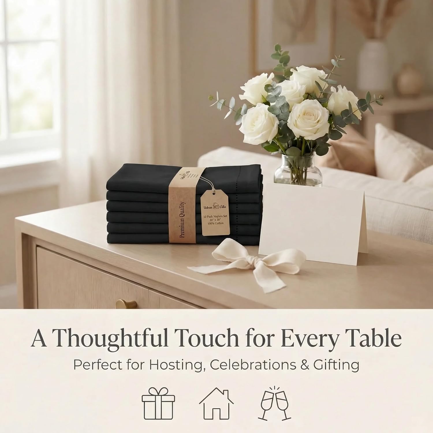 Urban Villa Hemstitch Cloth Dinner Napkins Cotton 20”x20” (Set of 12)-Black