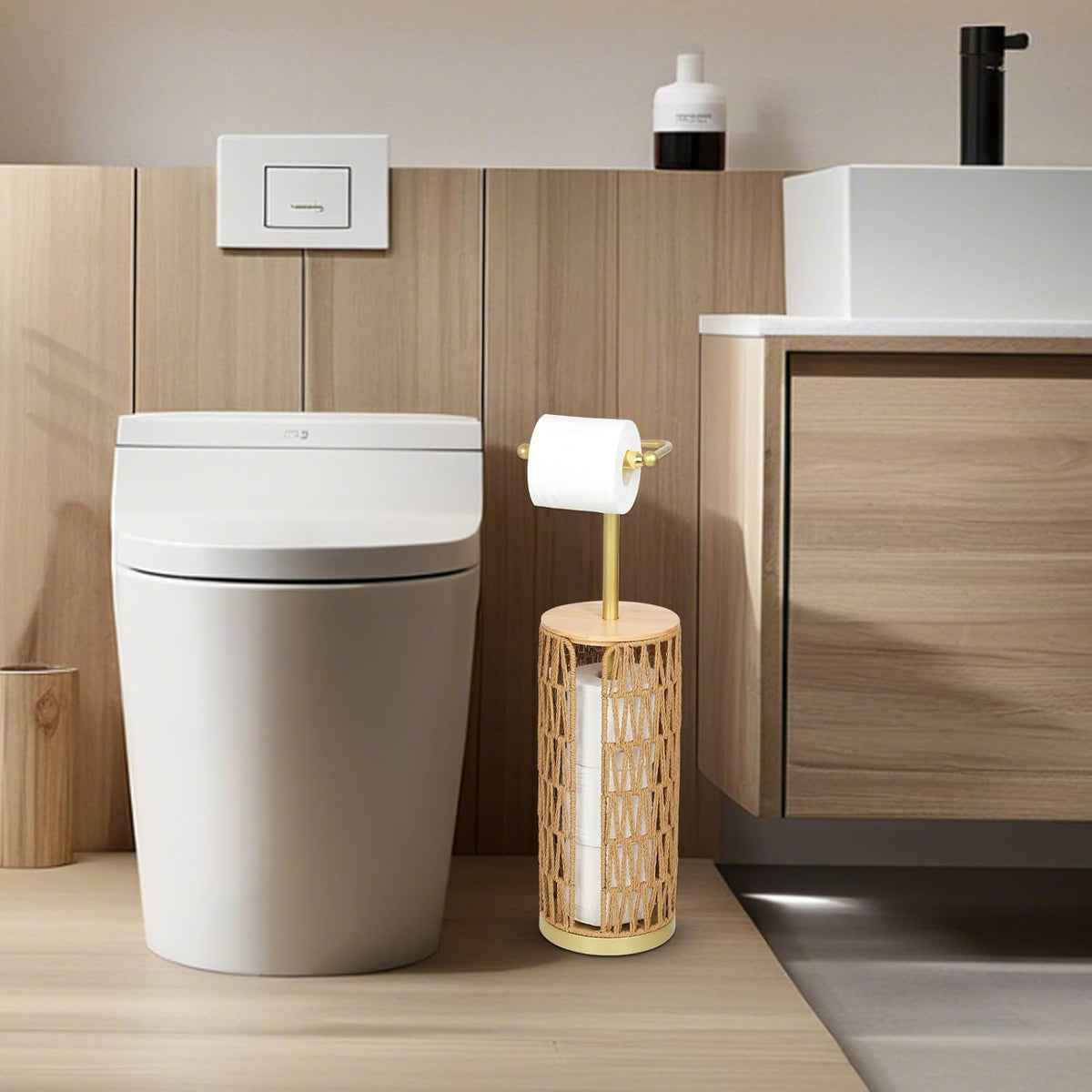 Freestanding Toilet Paper Holder with Storage,3 Rolls of Boho Toilet Paper Holder Stand with Lid,Gold Toilet Tissue