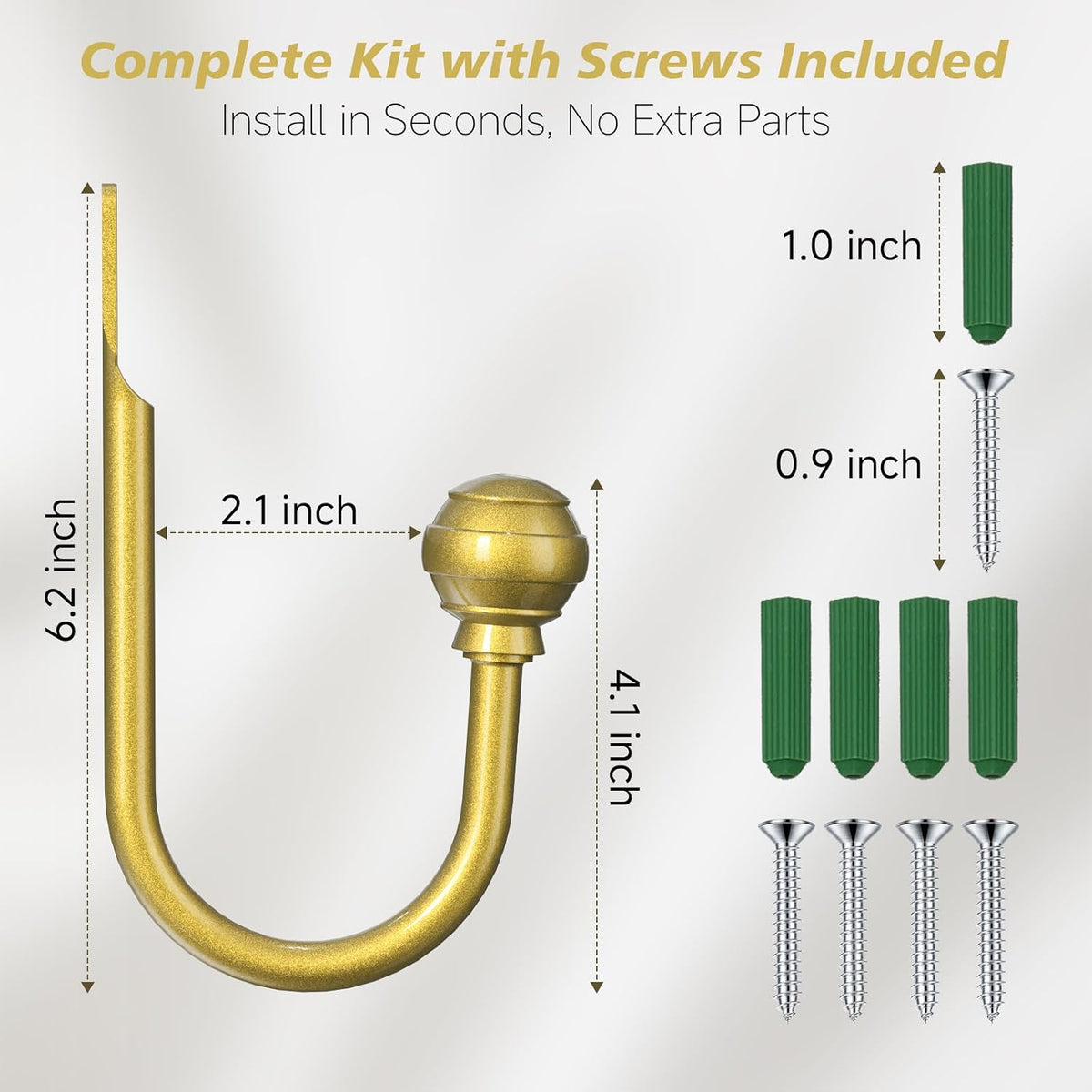 Hion Curtain Holdbacks Gold 6pcs, Curtain Tiebacks Wall Mounted Hooks | Curtain Holders for Drapes, One-Piece Metal