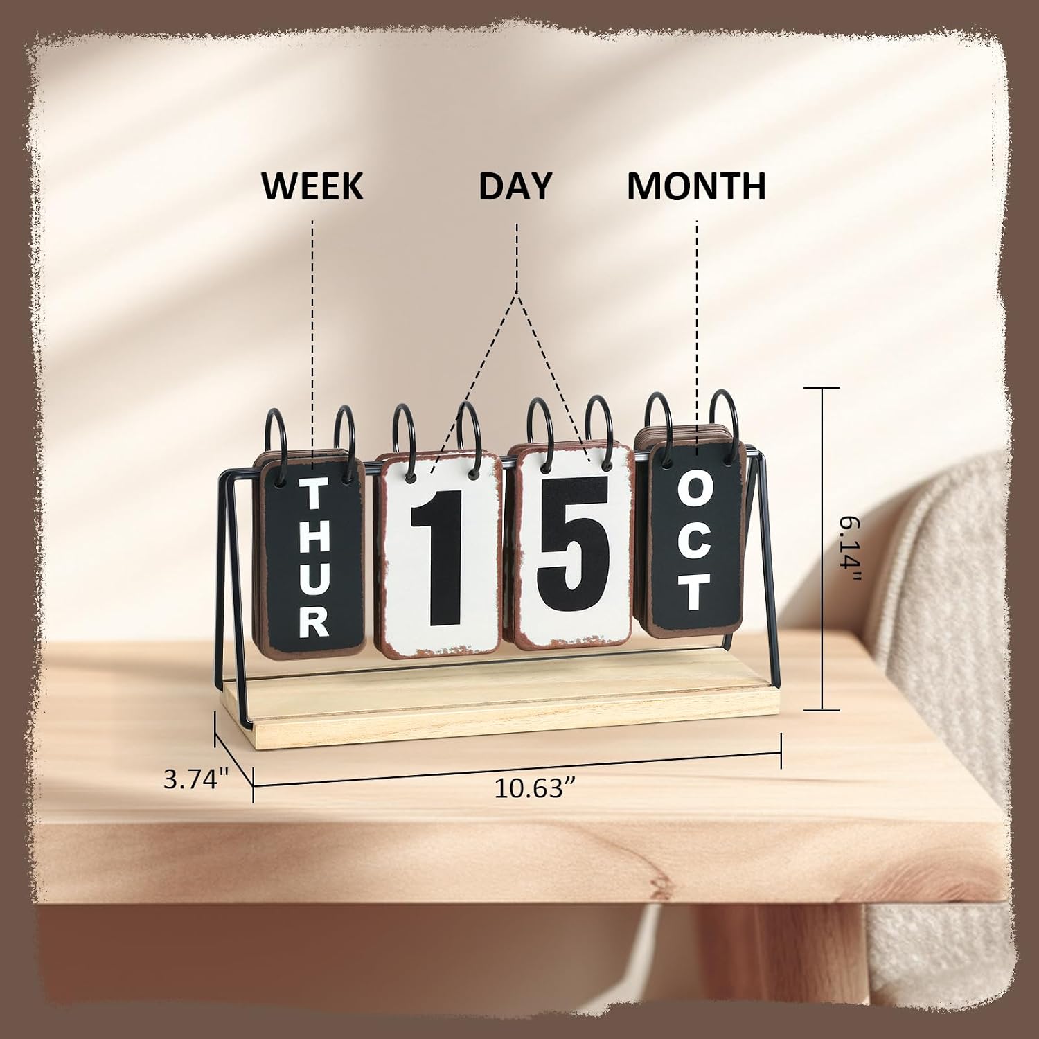 Metal Flip Calendar with Wooden Base, Daily Perpetual Desk Calendar with Large Display, Modern Farmhouse Desktop