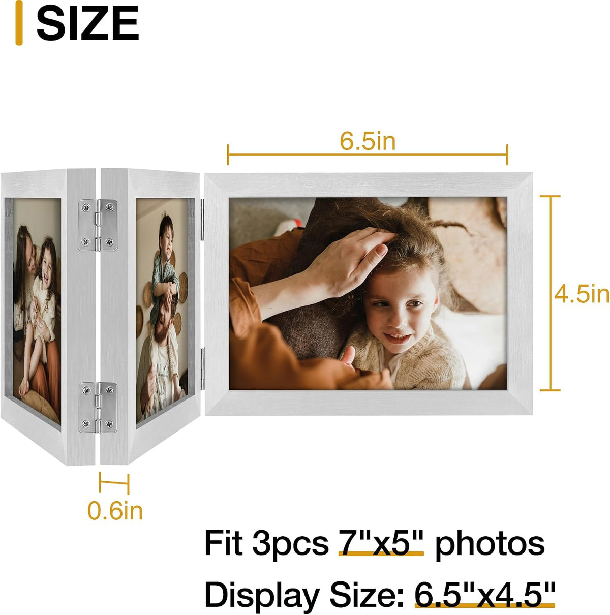 decorUhome Sliver Triple 7x5 Picture Frame Horizontal, MDSL08 | "Z" Shape Folding Design Engineered Wood Trifold Photo