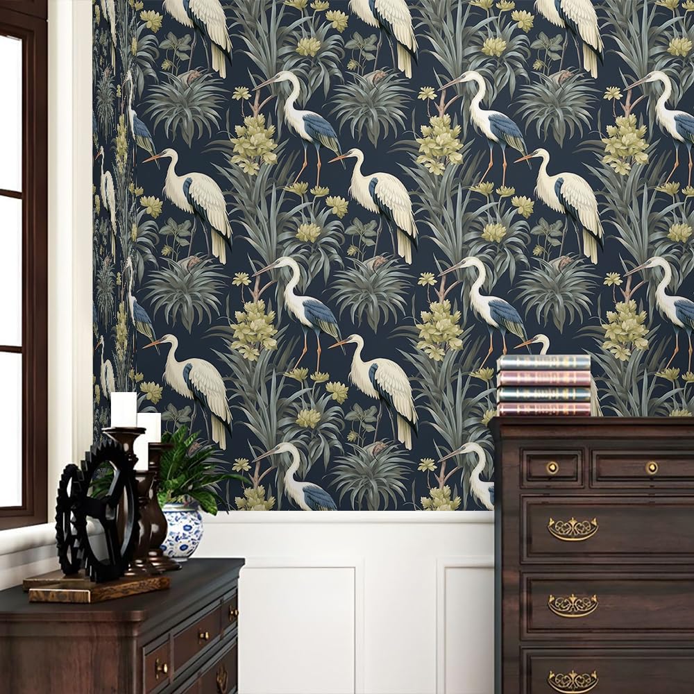 Abstract Modern Crane Birds Tropical Plants Peel and Stick Wallpaper Vintage Wall Paper Stick