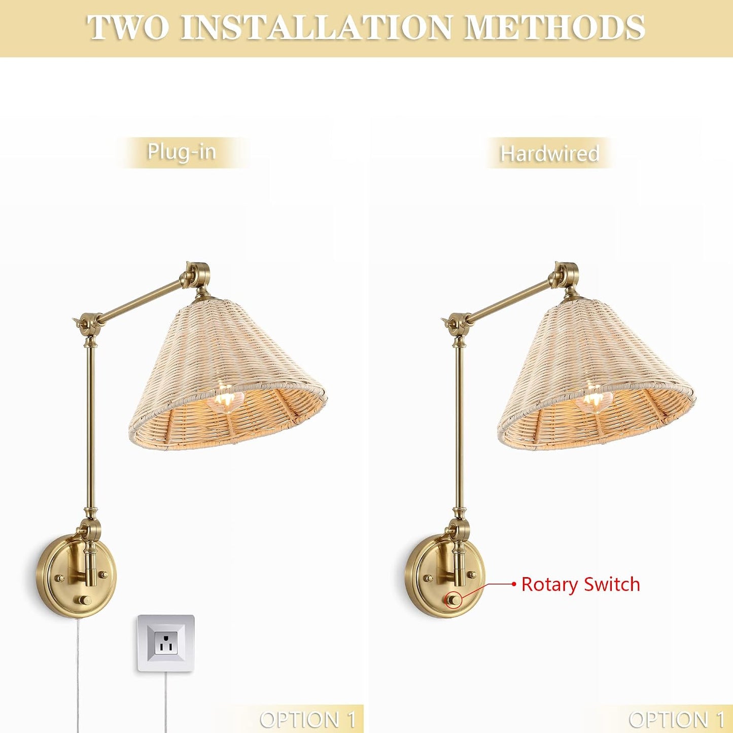 WINGBO Wall Sconce Rattan Wrapped Wall Lamp, Large Lampshade, Adjustable Swing Arm Wall Light Gold Vintage Bedside