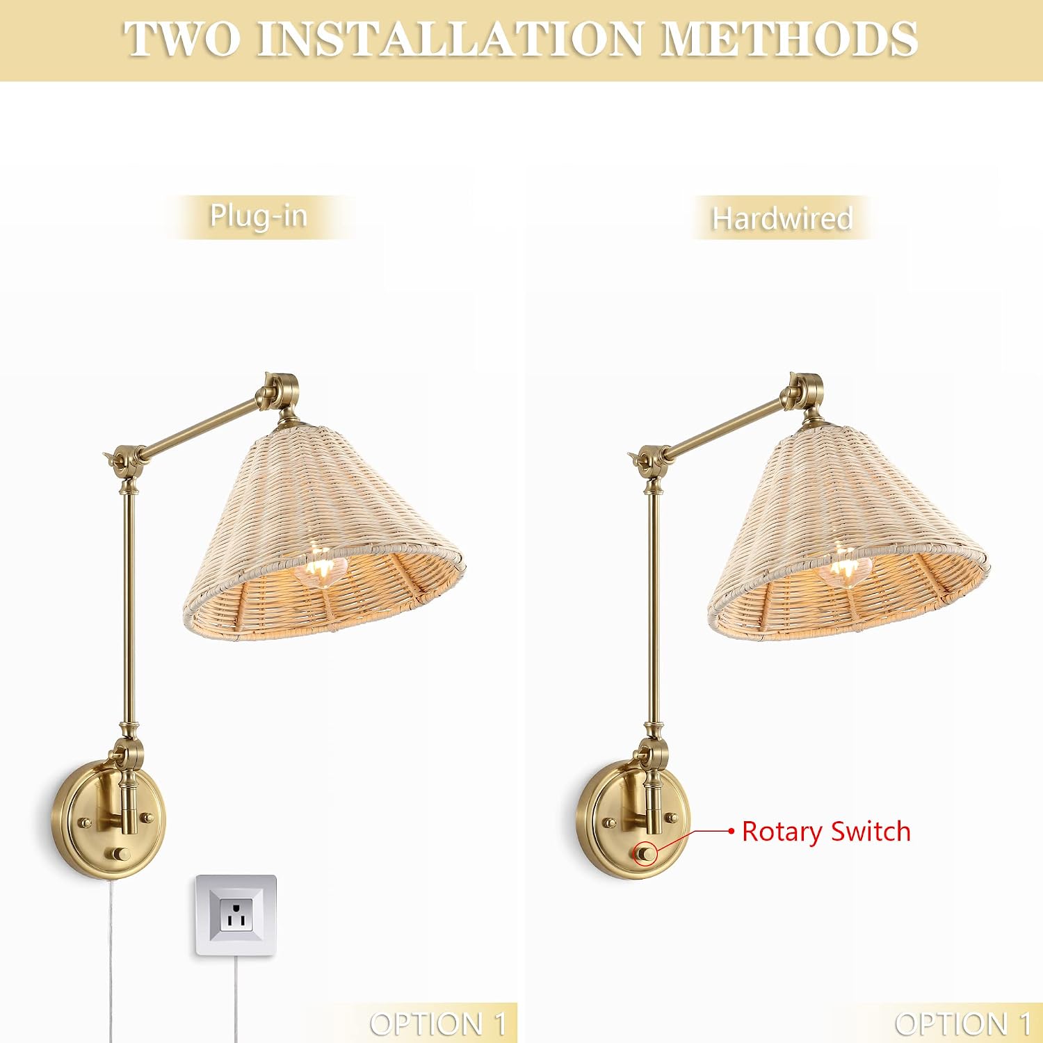 WINGBO Wall Sconce Rattan Wrapped Wall Lamp, Large Lampshade, Adjustable Swing Arm Wall Light Gold Vintage Bedside
