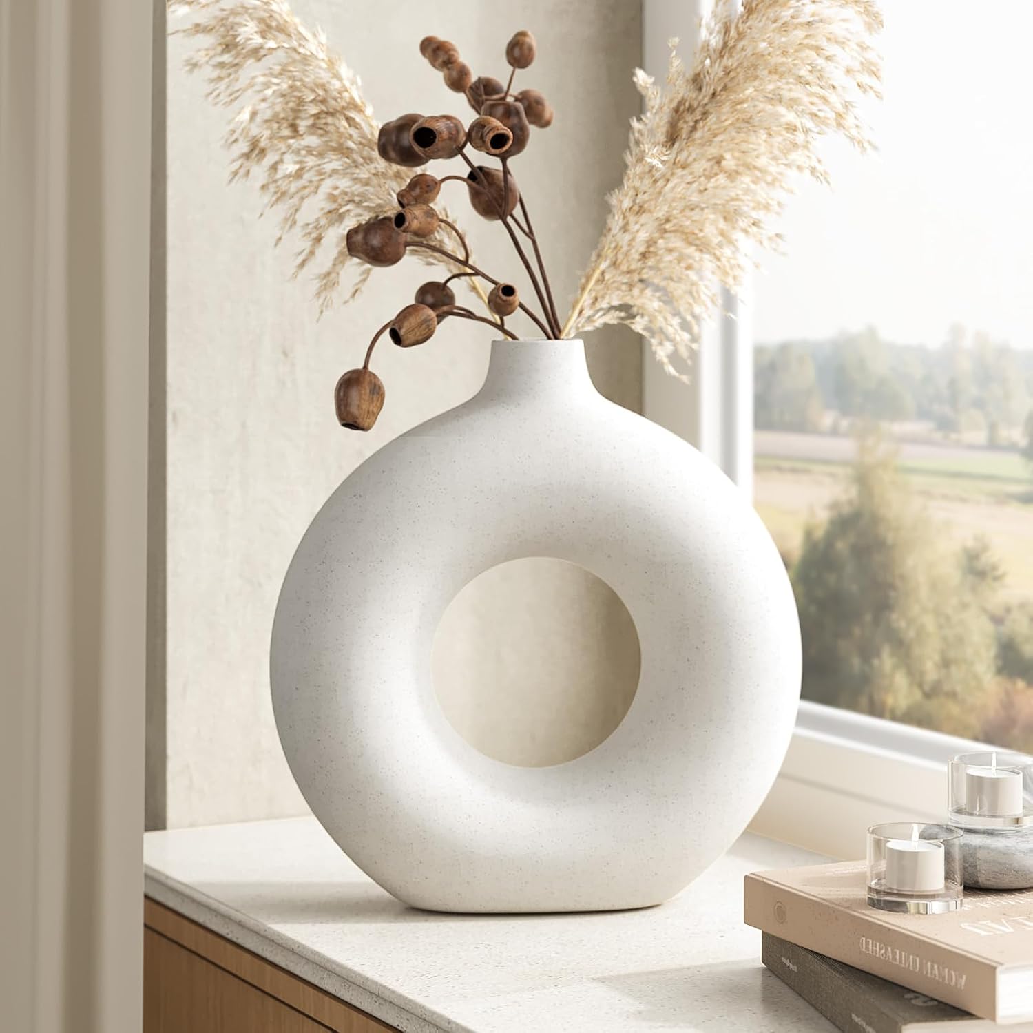 Cream Donut Vase Hollow Ceramic Vase for Flowers Pampas Grass Home / Large - 9''h / White / 9 Inch