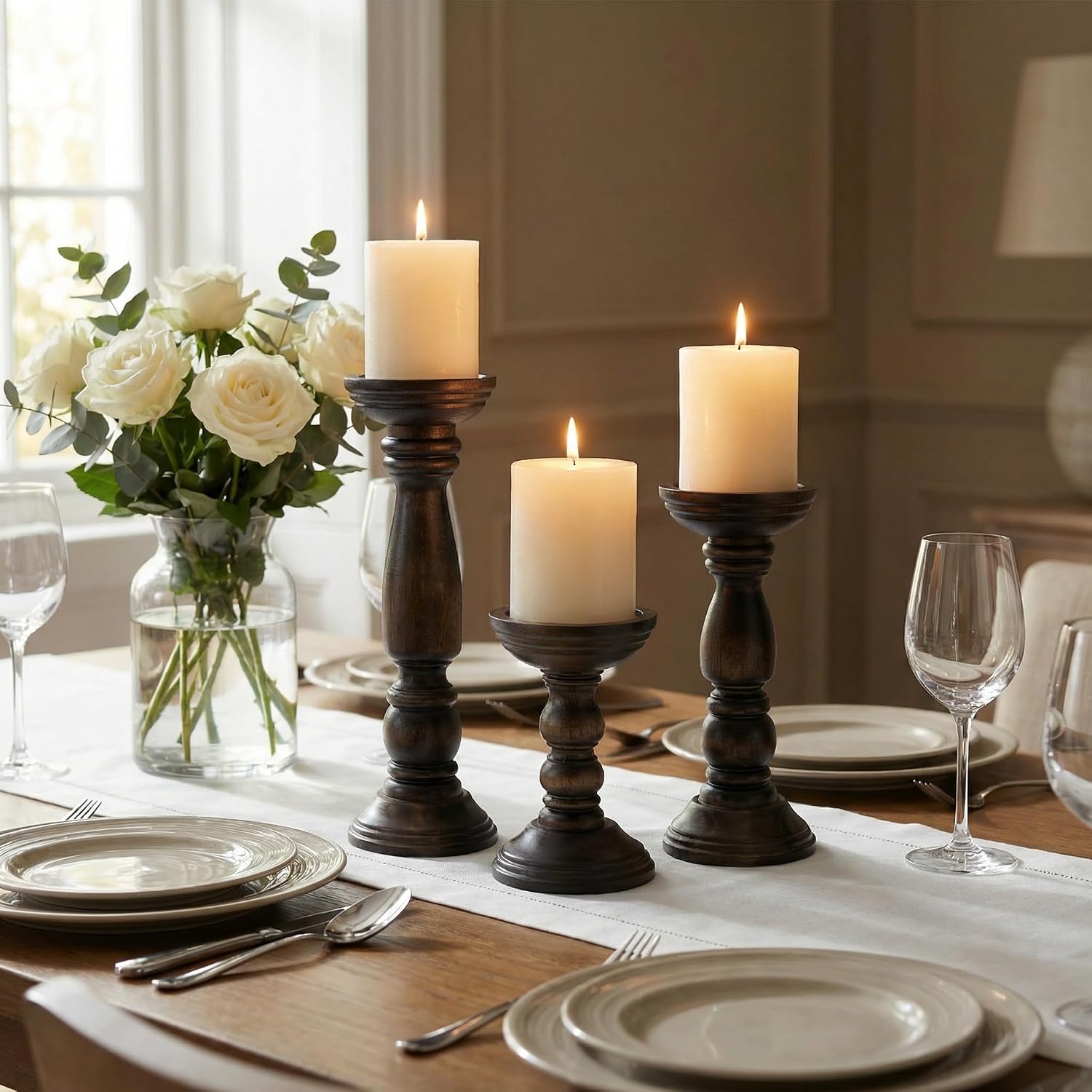 BANOMII Farmhouse Wooden Candle Holders for Pillar Candles Set of 3, Rustic Wood Candle Holder Table Centerpiece Decor