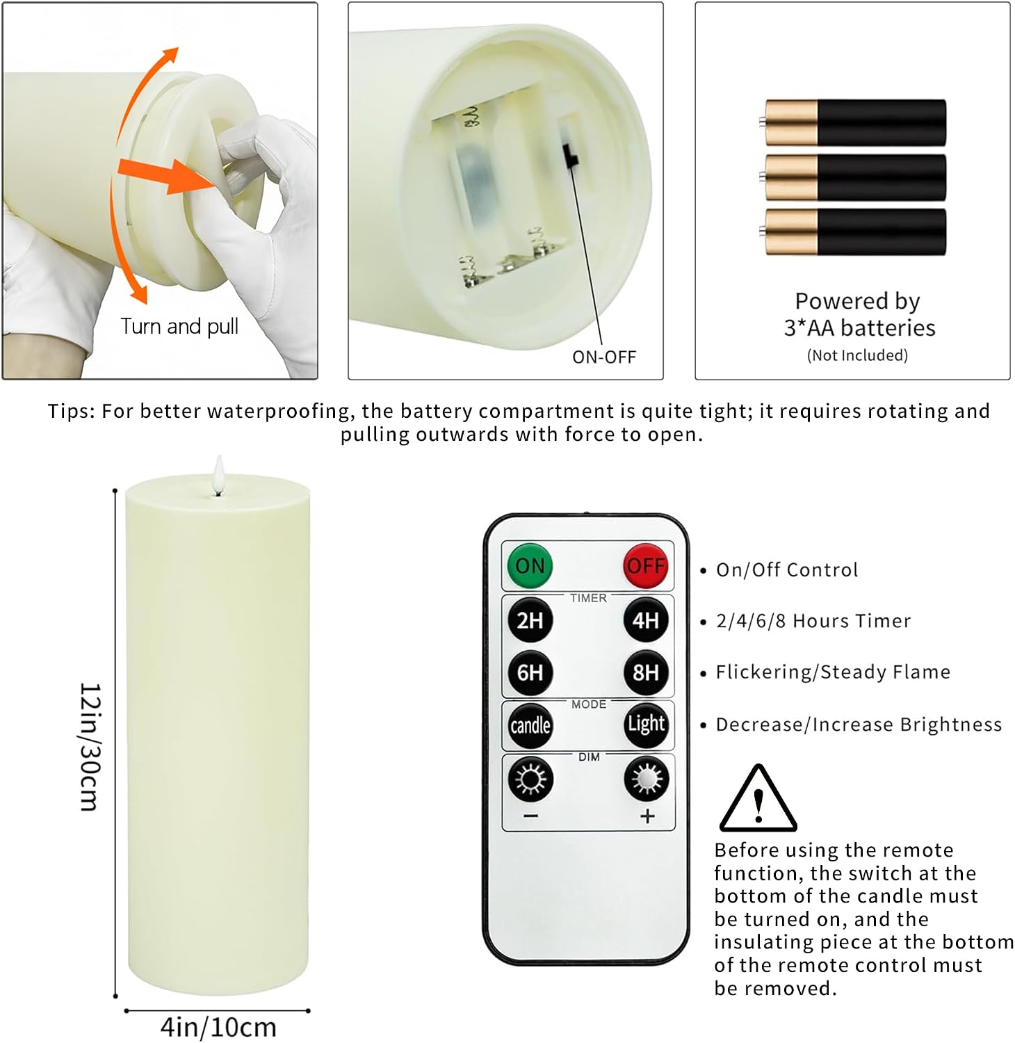 12" x 4" Large Outdoor Candle with Remote Timer Waterproof Ivory 1 Pack | Battery Operated Flameless Pillar Candle