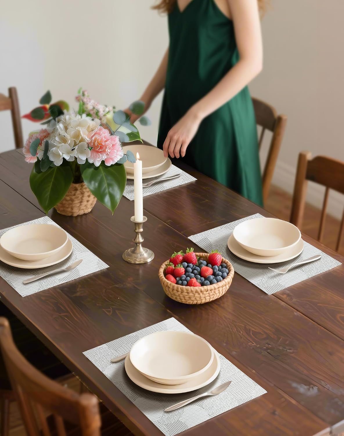 Leetaltree Woven Vinyl Placemats Set of 8,White Ball | Waterproof & Washable Dining Table Mats for Wedding