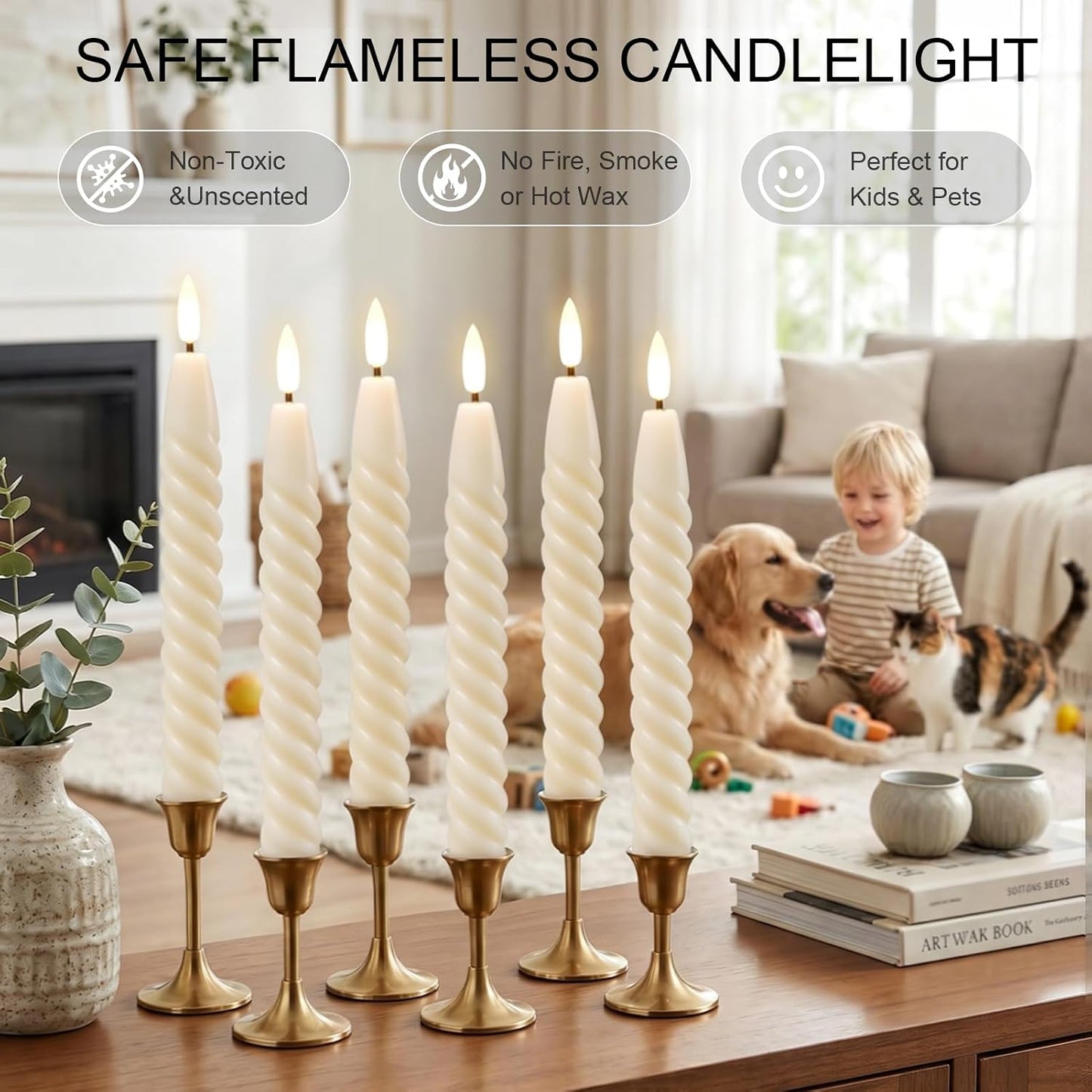 Ivory Flameless Taper Candles Flickering with Remote Timer | LED Spiral Taper Candles, Flameless Candlesticks, Battery