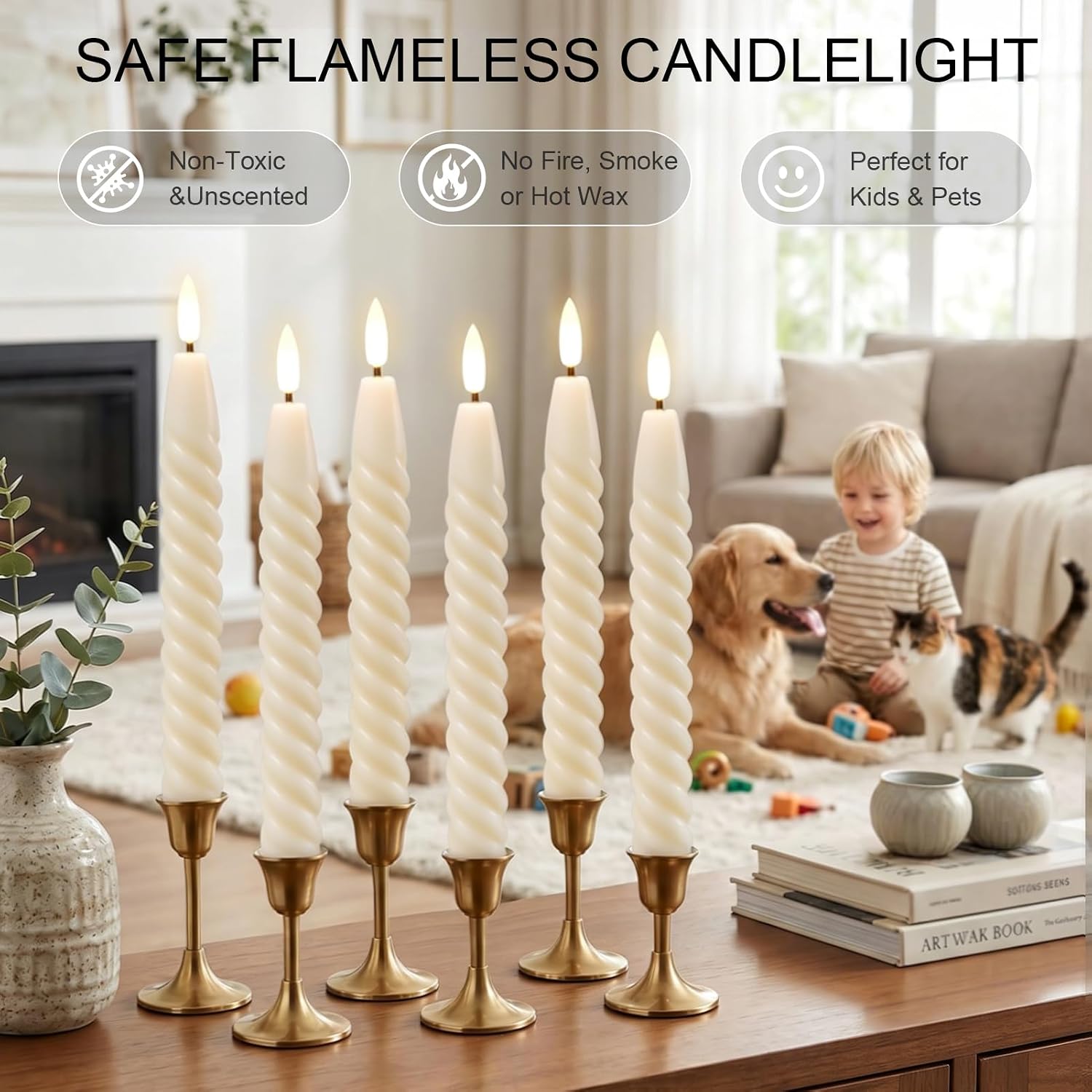 Ivory Flameless Taper Candles Flickering with Remote Timer | LED Spiral Taper Candles, Flameless Candlesticks, Battery