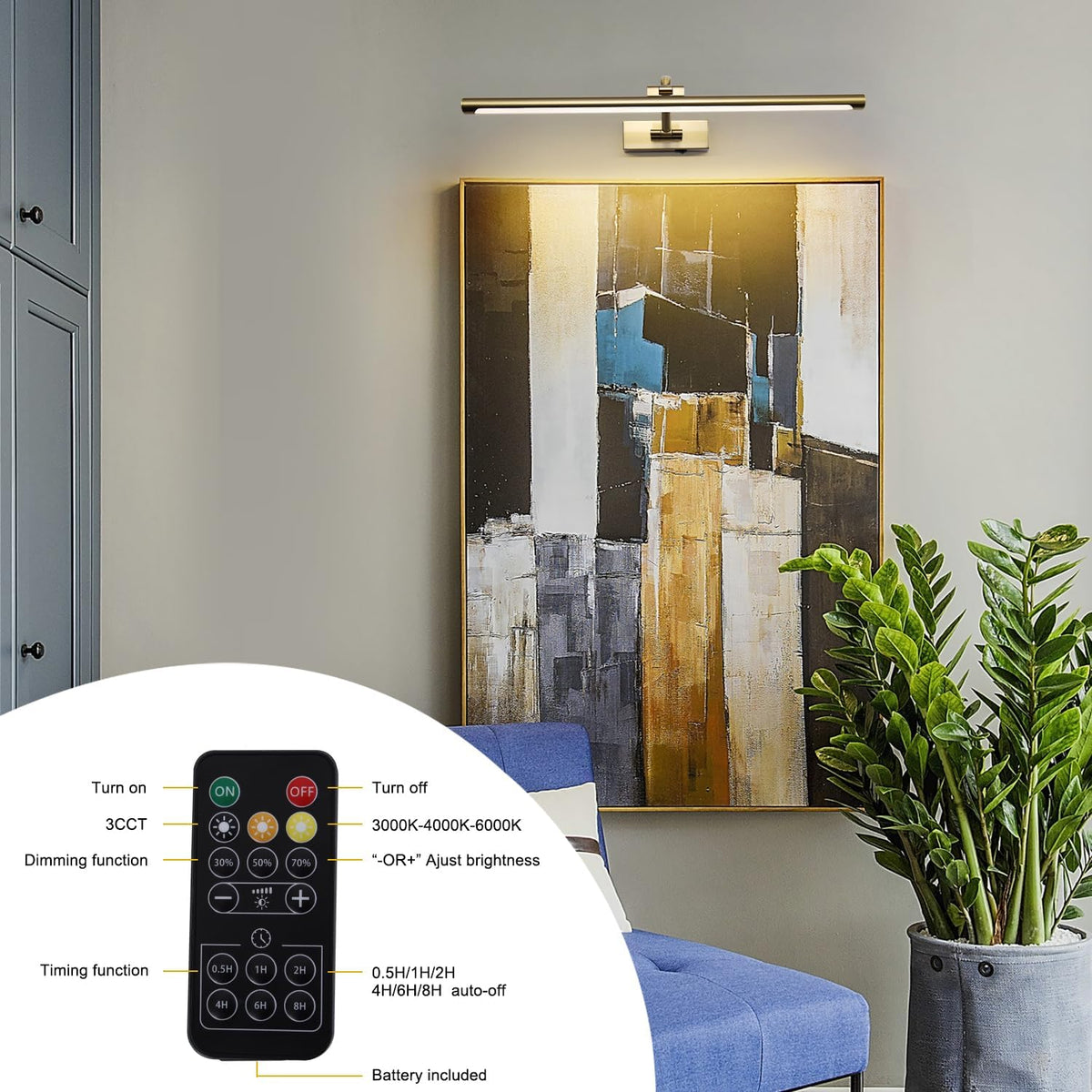 5W LED Wireless Picture Lights with Remote and Timer 23.6 Inch Rechargeable Brass Gallery Lighting Battery Operated Art