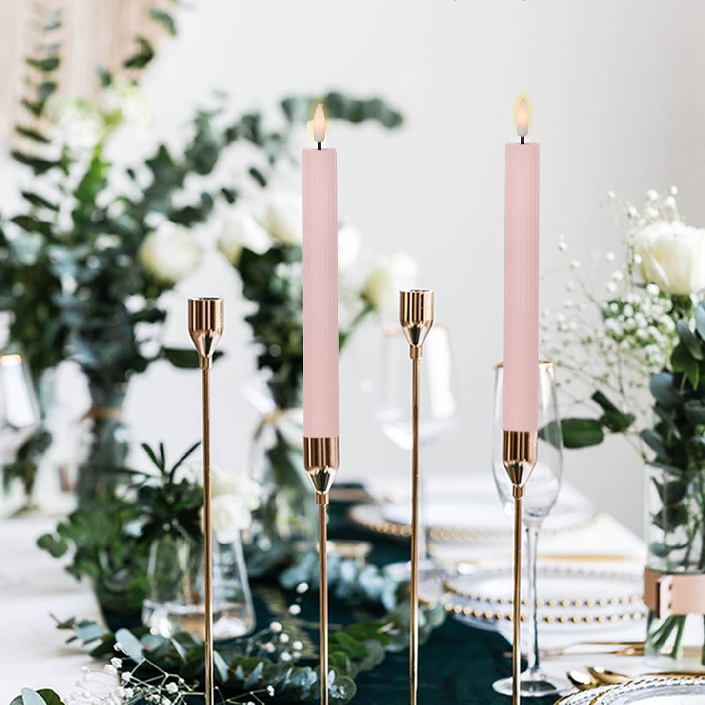 Pink Flameless Taper Candles, Ribbed LED Candlesticks with Remote | LED Taper Candles Flickering, Battery Operated