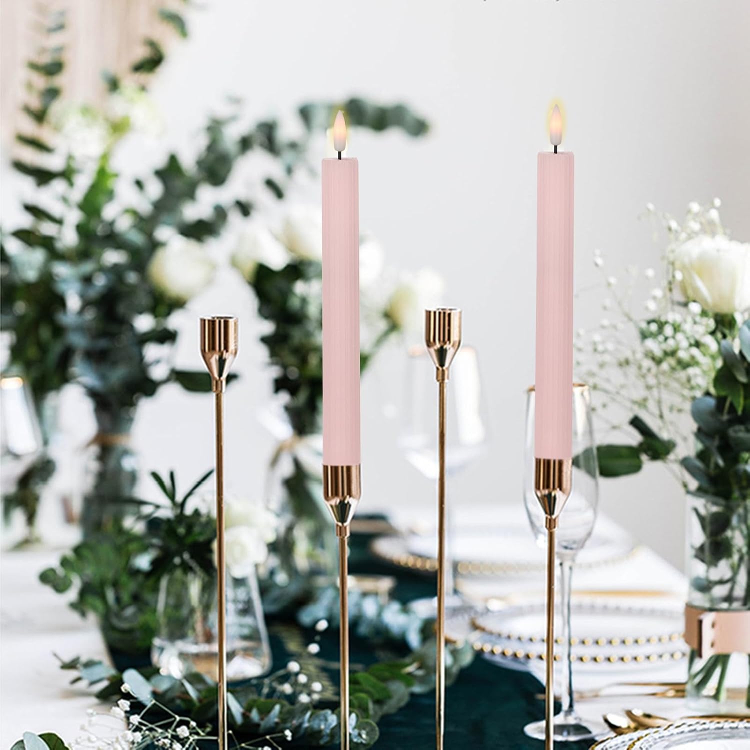 Pink Flameless Taper Candles, Ribbed LED Candlesticks with Remote | LED Taper Candles Flickering, Battery Operated