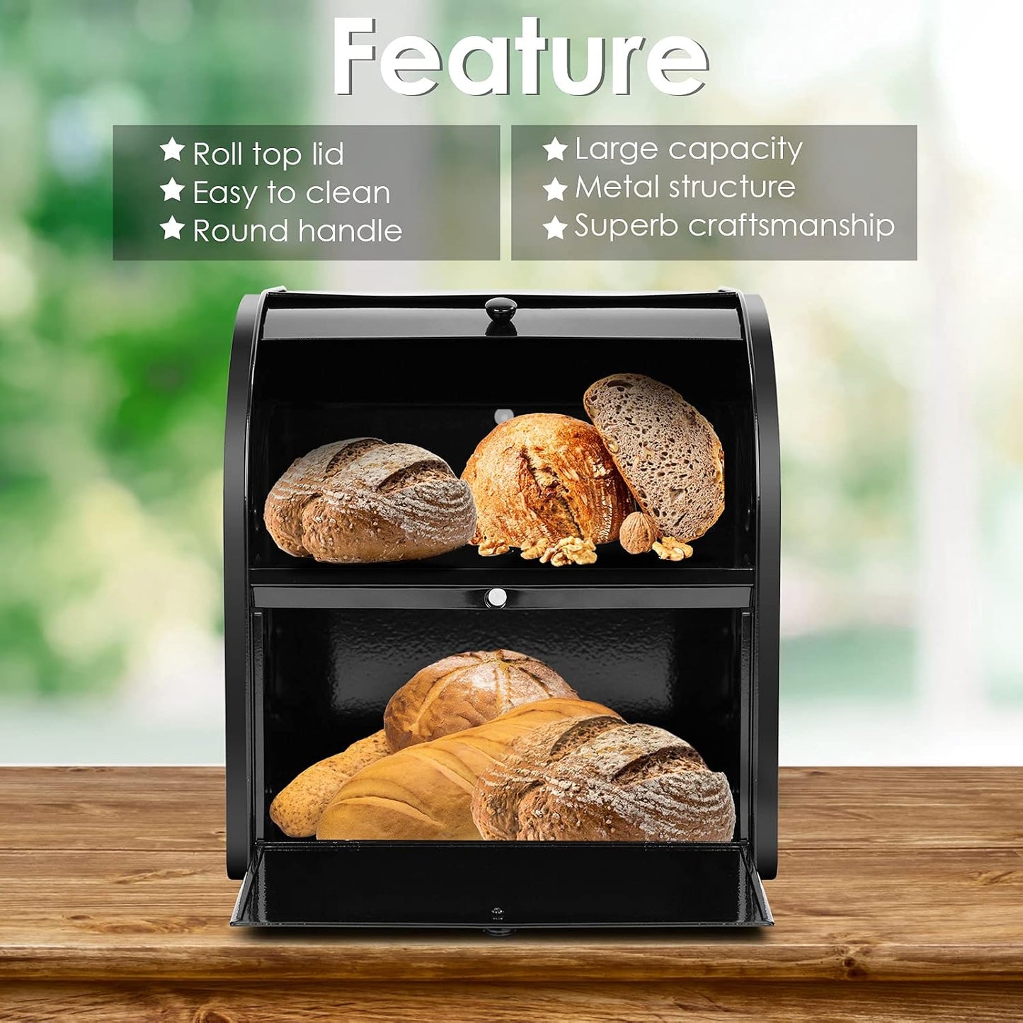 Stainless Steel Bread Box, 2 Layer Roll Top Bread Boxes, Large Capacity Food Storage Container for Kitchen Counter