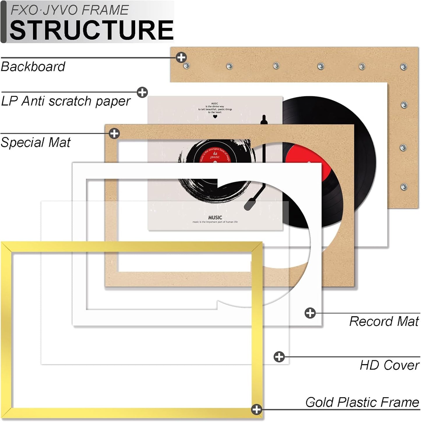 Vinyl Record Frame Display for 12 inch LP with 12.5x12.5 Album Cover | Gold 16x24 Frame Light Weight with High-Clarity