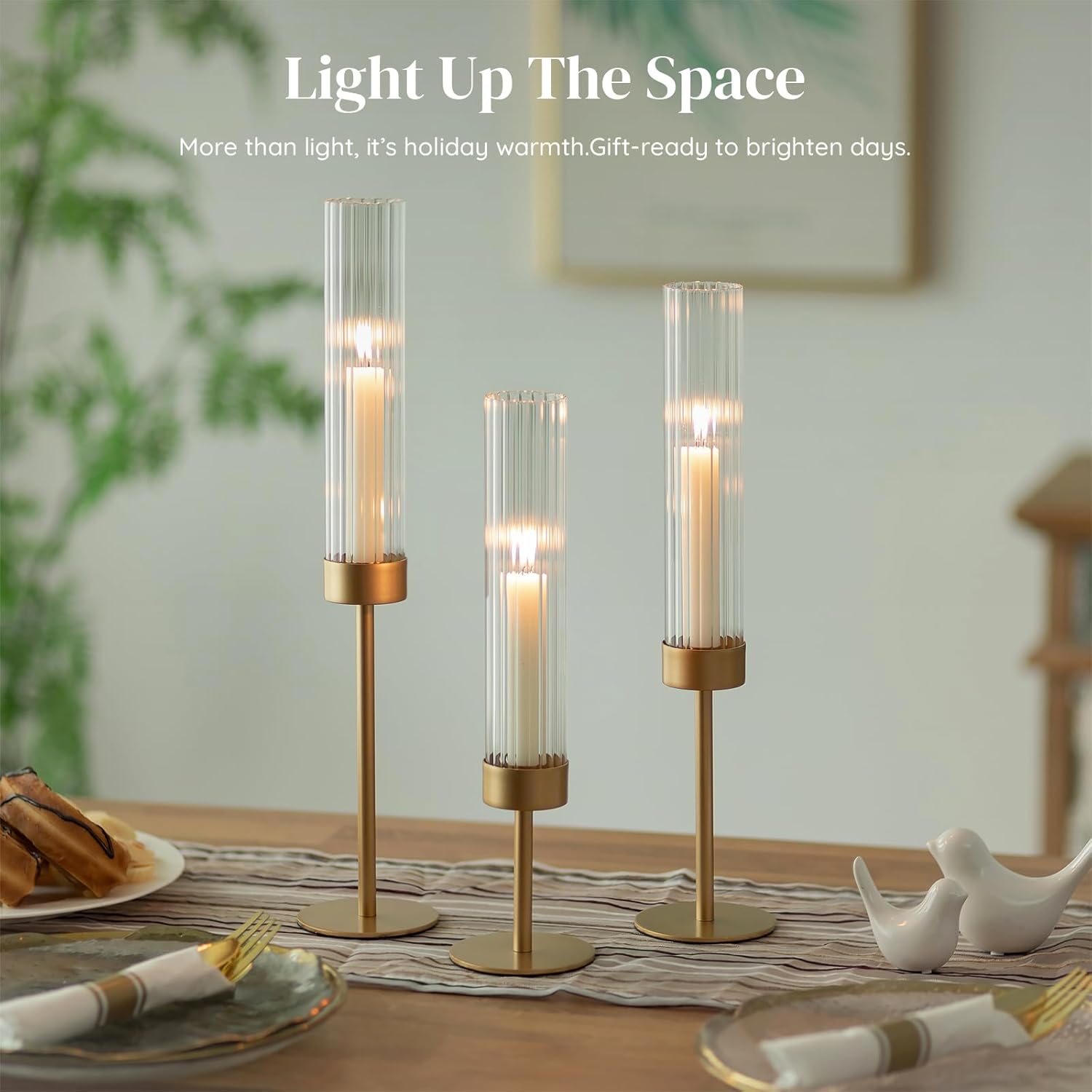 Glasseam Hurricane Gold Candlestick Holders: 6Pcs Taper with Glass Cylinder | Brass Candle Stick, Ribbed, Fluted Shade