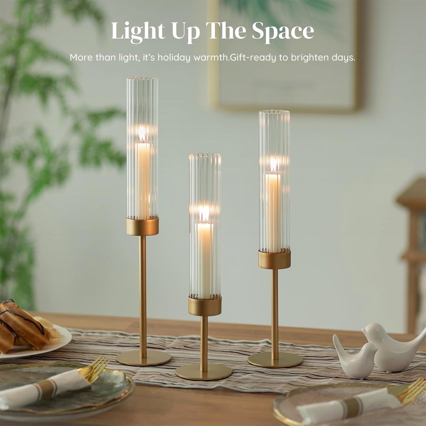 Glasseam Gold Hurricane Taper Candle Holders, 3 Pcs Candlestick with Glass | Ribbed Cylinder Cover, Fluted Shade, Brass