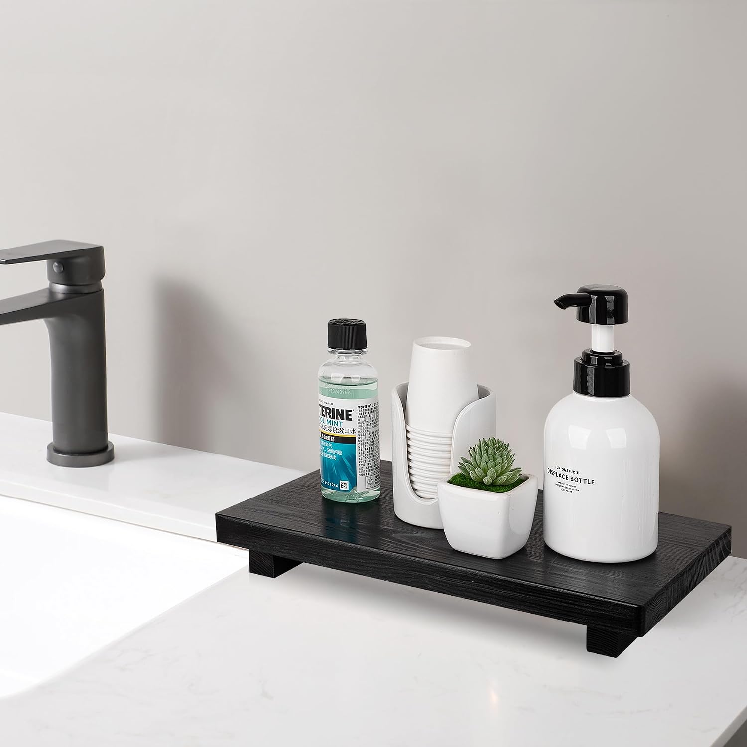 Bathroom Counter Organizer Wood Pedestal Stand Farmhouse Decorative Tray / Black / 11.8 x 7 x 1.6