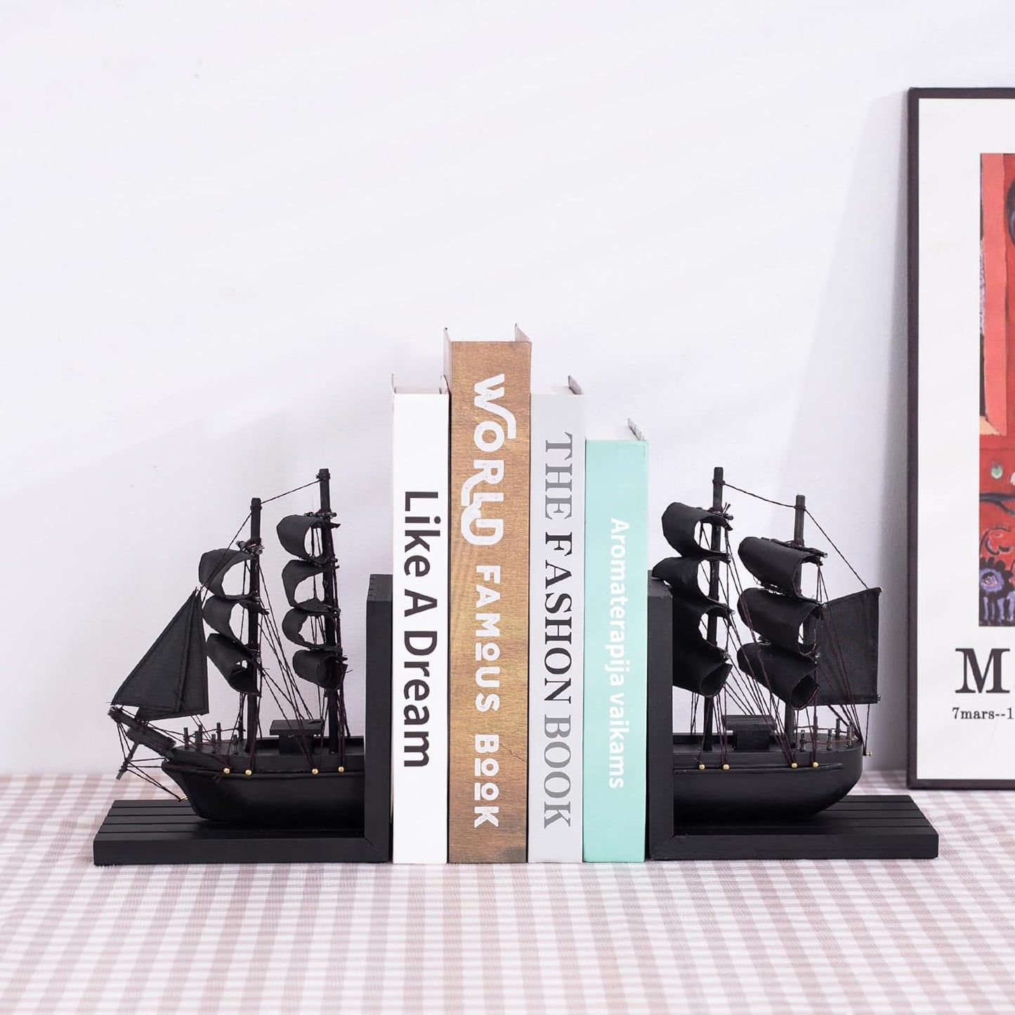 Wooden Ship bookends The Pearl Pirate 10" Prebuilt Caribbean Coastal Sailboat Decor Nautical / Black