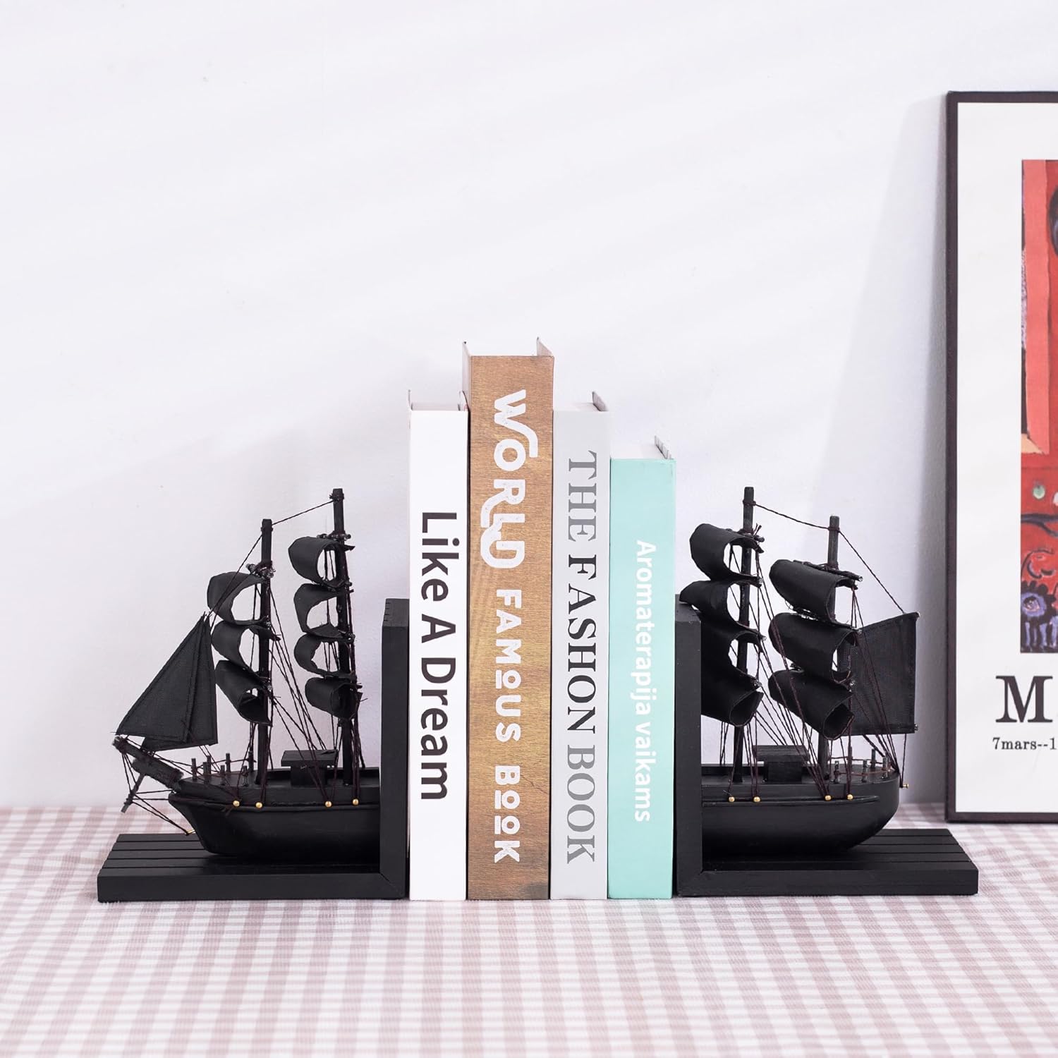 Wooden Ship bookends The Pearl Pirate 10" Prebuilt Caribbean Coastal Sailboat Decor Nautical / Black
