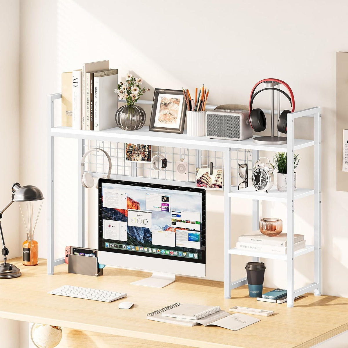 Snughome Desk Shelf, 44.9" Desktop Organizer Shelf, Desk Hutch for Computer Monitor, 4 Tier Desk Display Rack with