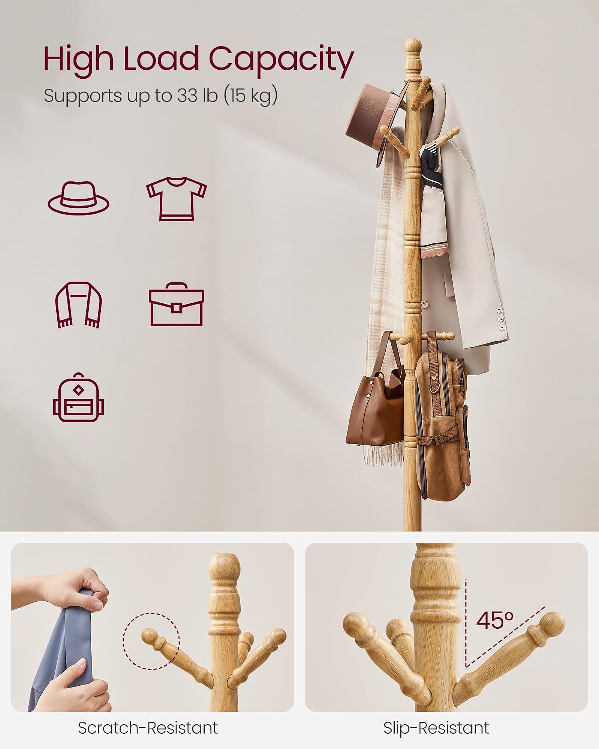 VASAGLE Solid Wood Coat Rack and Stand, Free Standing Hall Coat Tree with 10 Hooks for Hats, Bags, Purses, for
