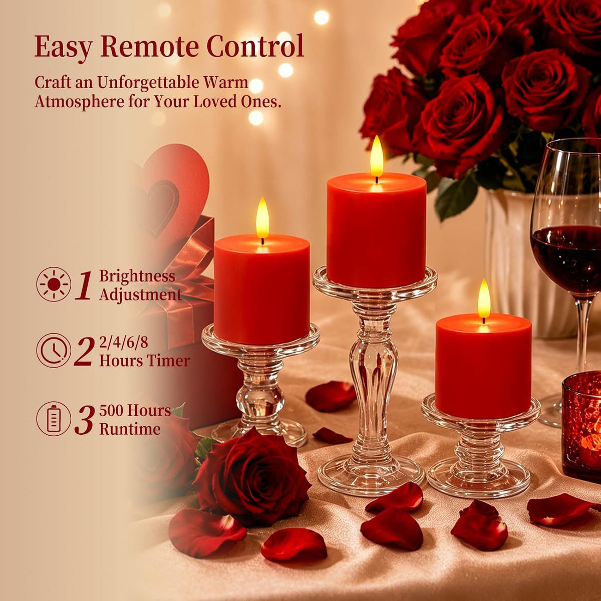 Homemory 3x3 Red Flameless Candles Battery Operated with Remote Timer, 3PC | Real Wax LED Pillar Candles with 3D Wick