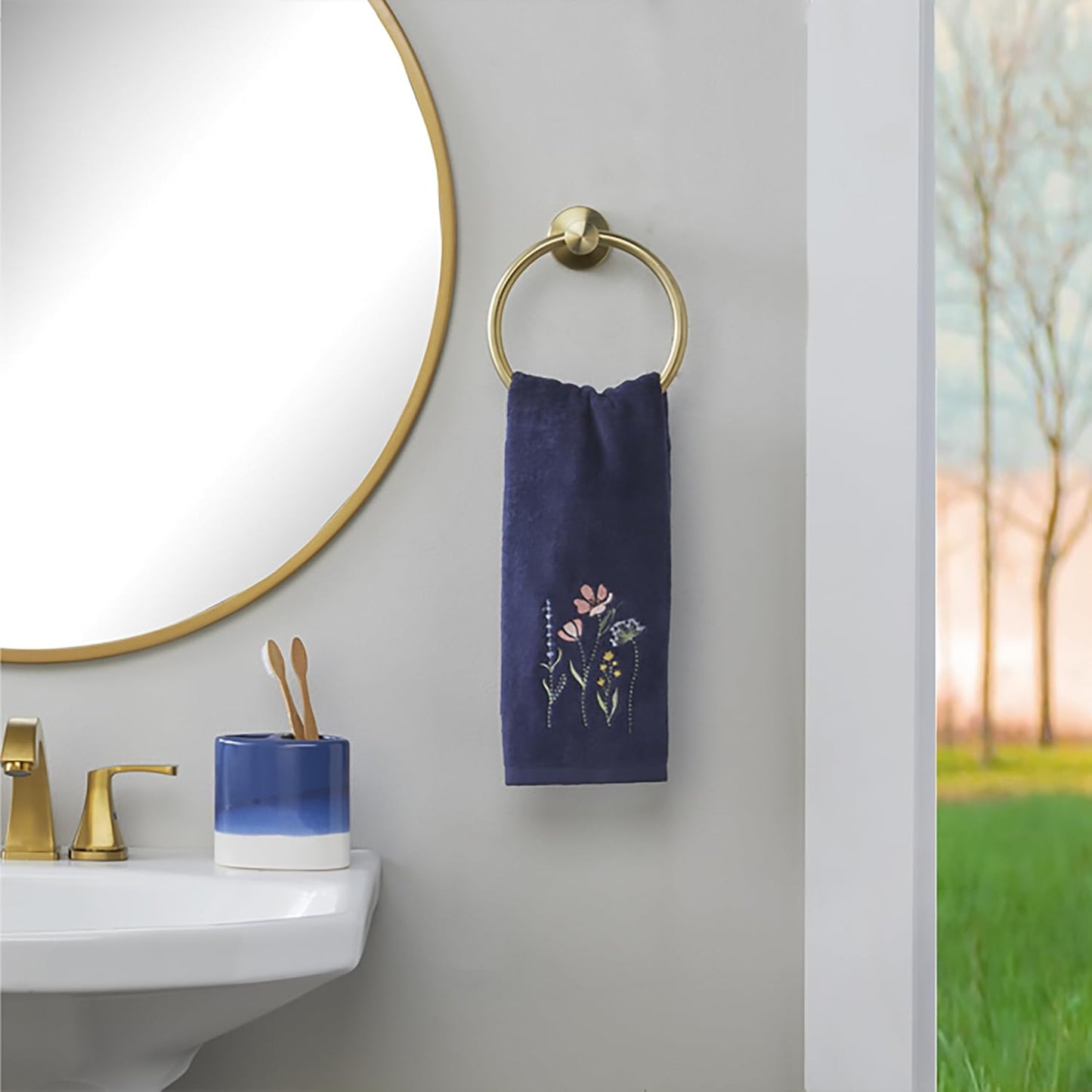 SKL Home Wildflower Field Hand Towel Set-2pc, Embroidered, Navy | 100% Cotton. Soft, decorative velour. For use in the