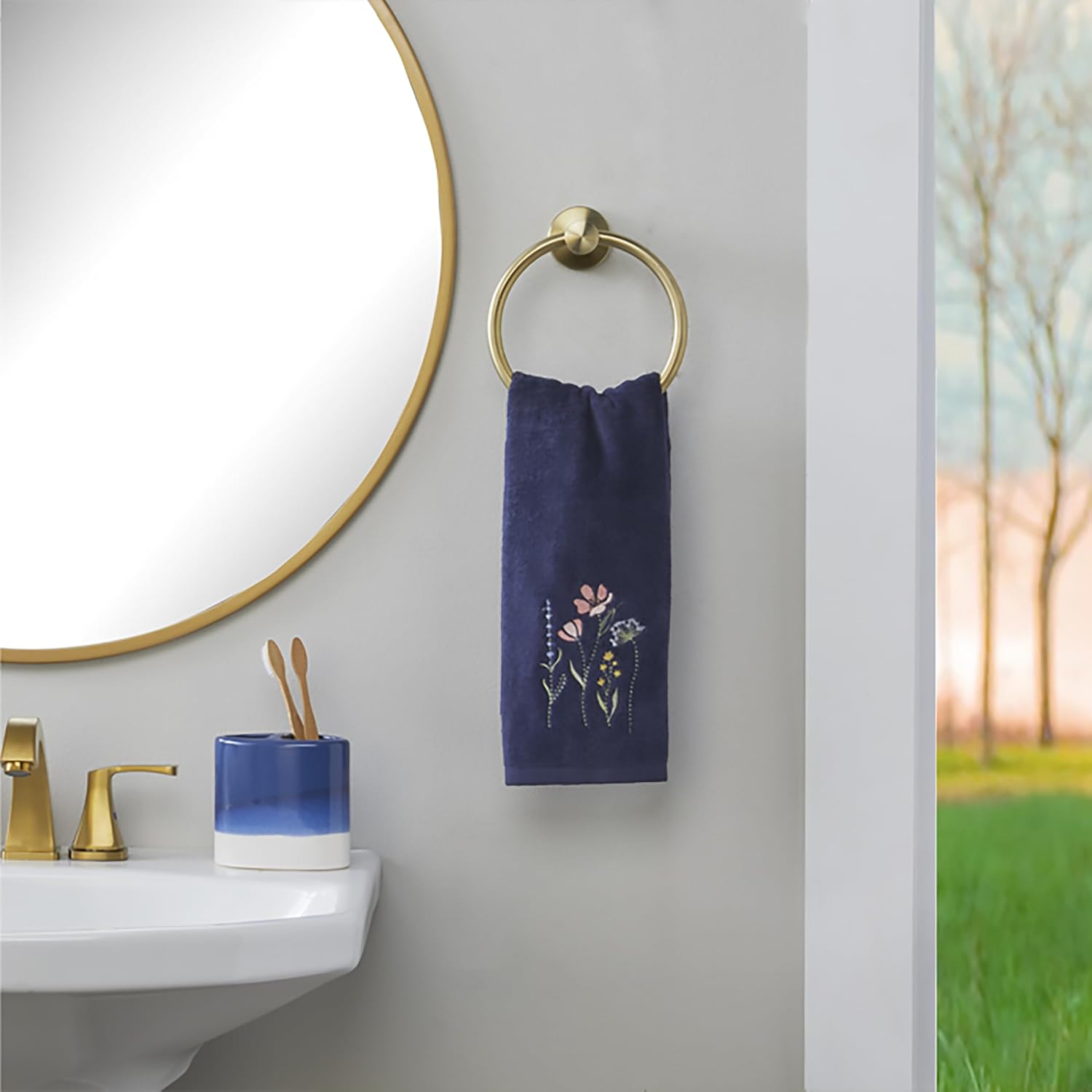 SKL Home Wildflower Field Hand Towel Set-2pc, Embroidered, Navy | 100% Cotton. Soft, decorative velour. For use in the