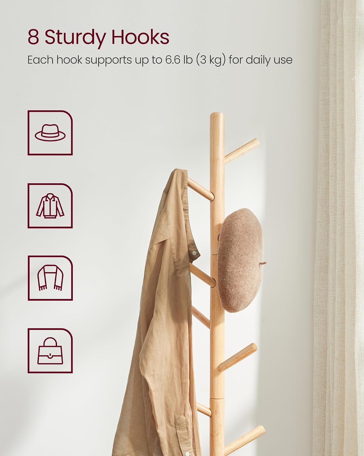 VASAGLE Solid Wood Coat Rack, Free Standing, Tree-Shaped, with 8 Hooks | Coat Tree，3 Height Options, for Clothes, Hats