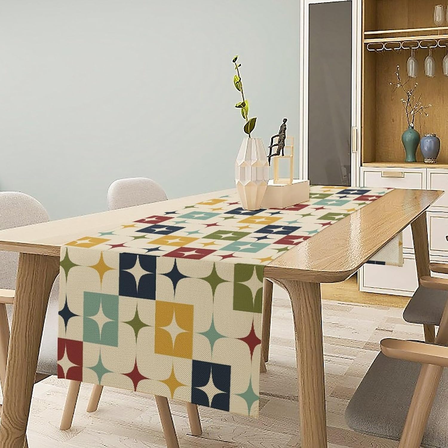 Mid Century Kitchen Table Runner,Abstract Aesthetic Geometric Mid Century Retro Modern Patterns Printed Linen Table