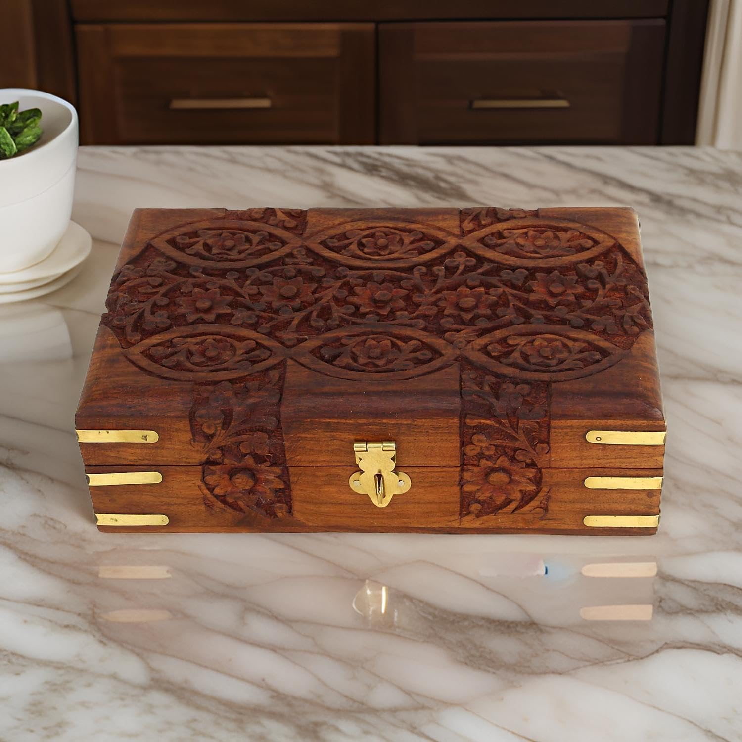 Handcarved Treasure Chest Wooden Decorative Jewelry Storage Box Eye Floral Design / 8 x 5