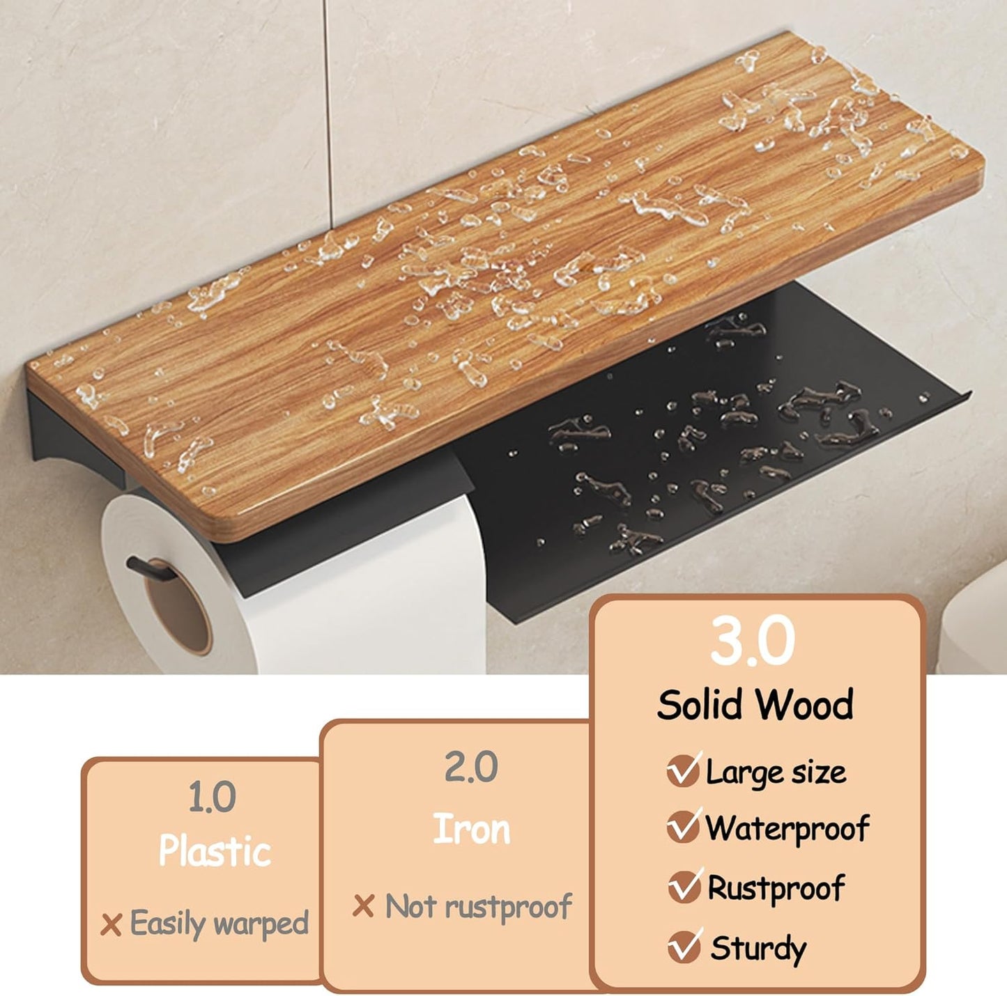 Double Toilet Paper Holder with Solid Wood Shelf, Wall Mounted Matte Black | 16" x 5.31" Toilet Paper Rolls with