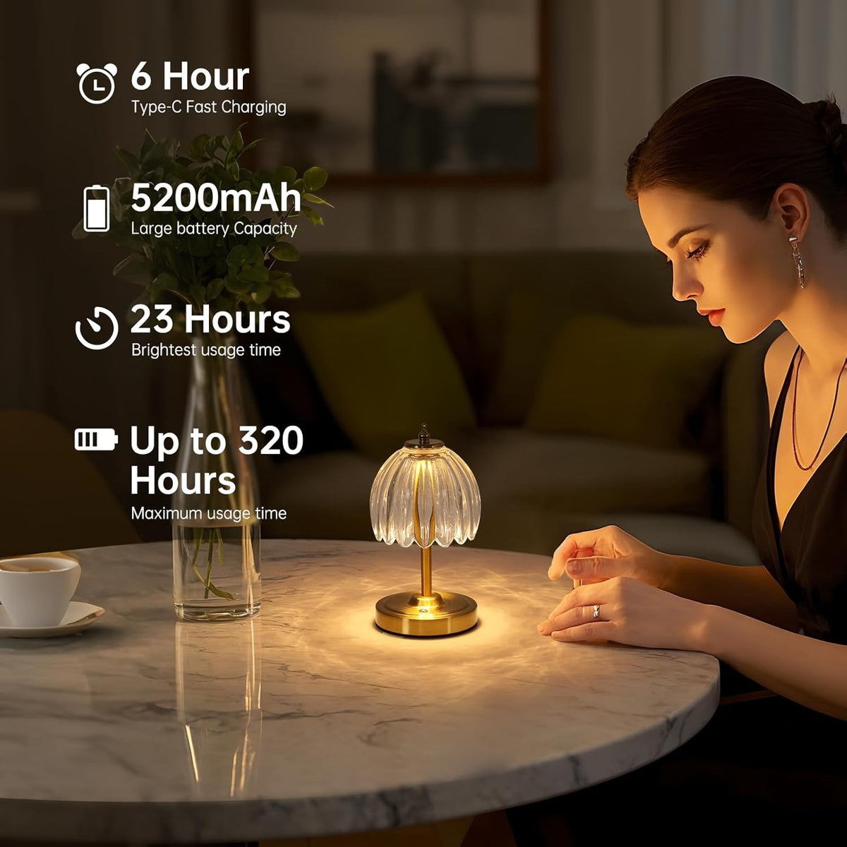 Shenmoyl Tulip Small Table Lamp, 5200mAh Cordless Touch Control Mini Table Lamp with 3 Color Temps & Stepless Dimming