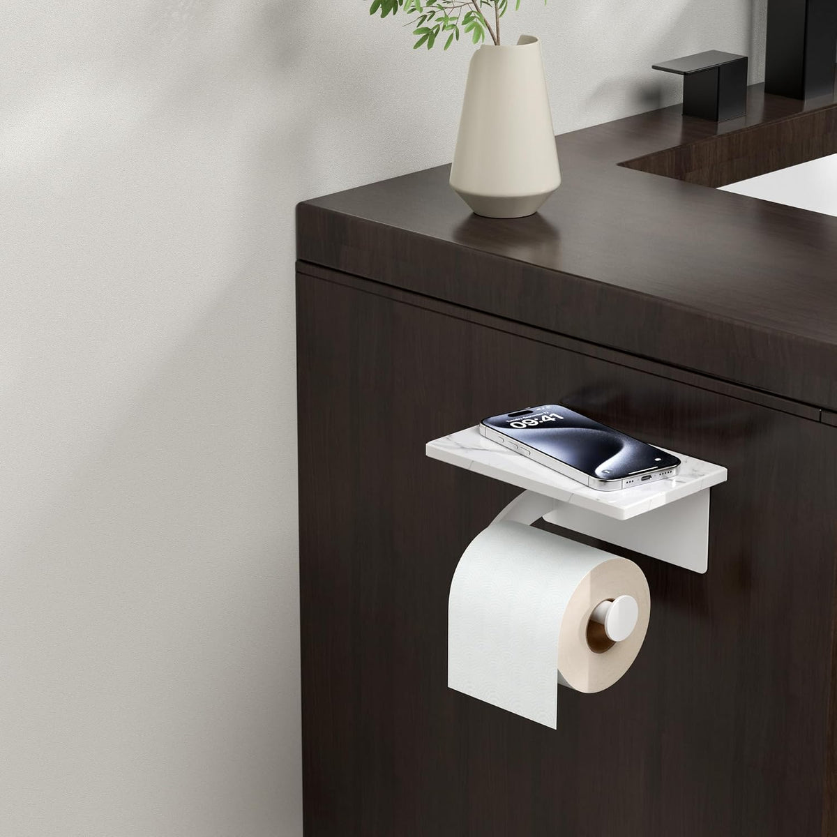 FORIOUS Natural Marble Toilet Paper Holder with Phone Shelf, Commercial | White, Wall Mount 304 Stainless Steel