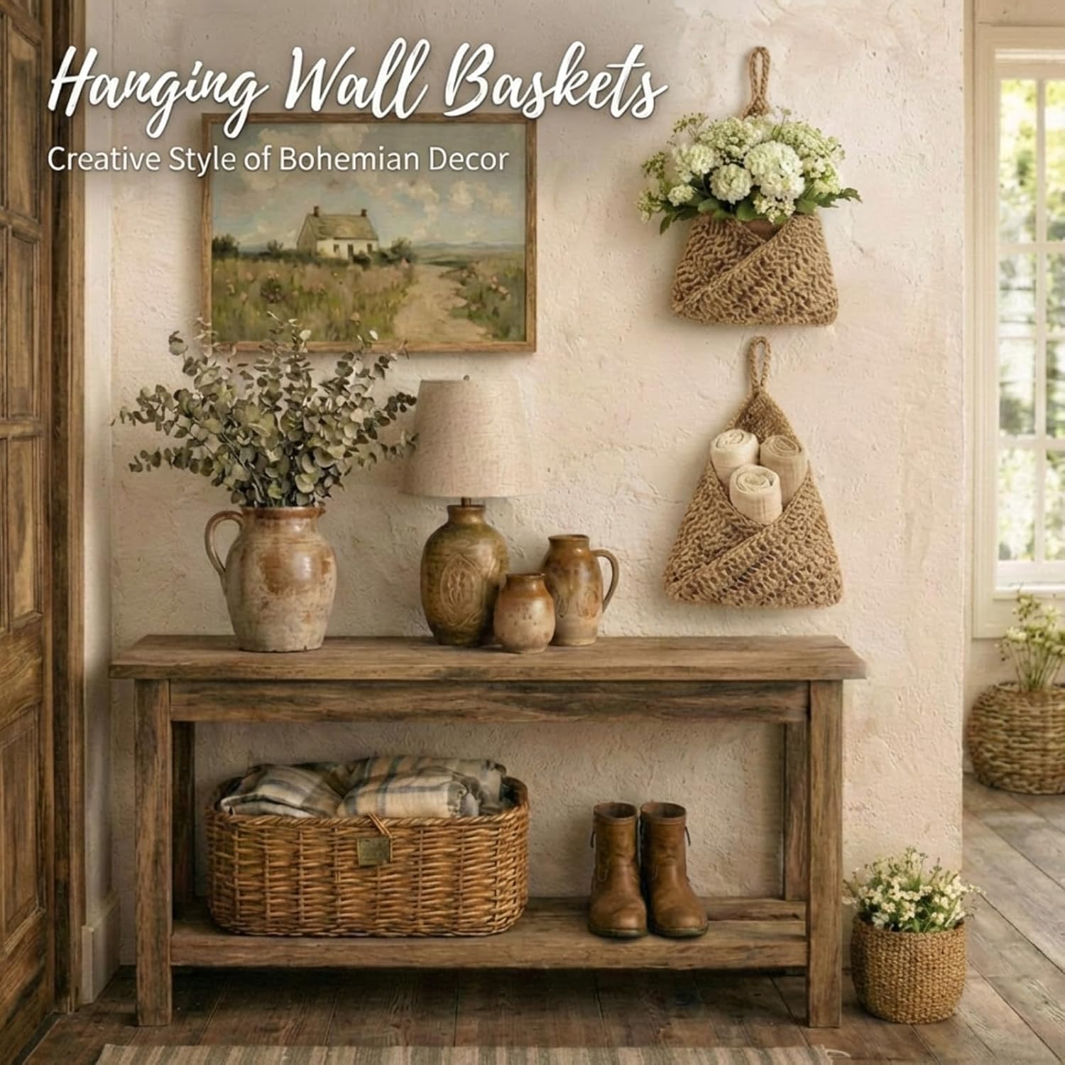Boho Decor Hanging Wall Baskets / Linen / Jute / Triangle / Set of 3