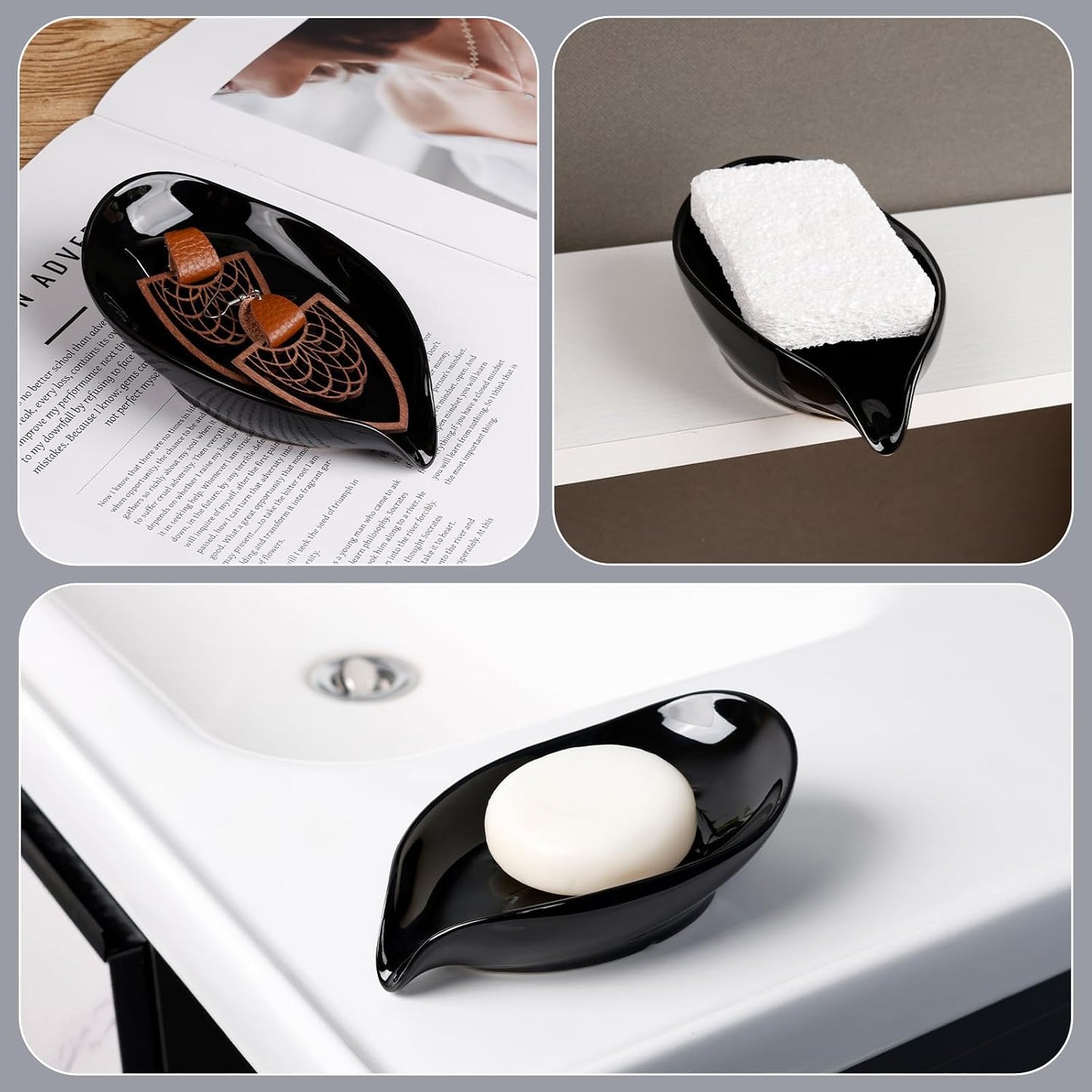 Leaf Shape Ceramic Bar Soap Holder Drain Soap Dishes / Black- -enhanced Draining / Set of 2