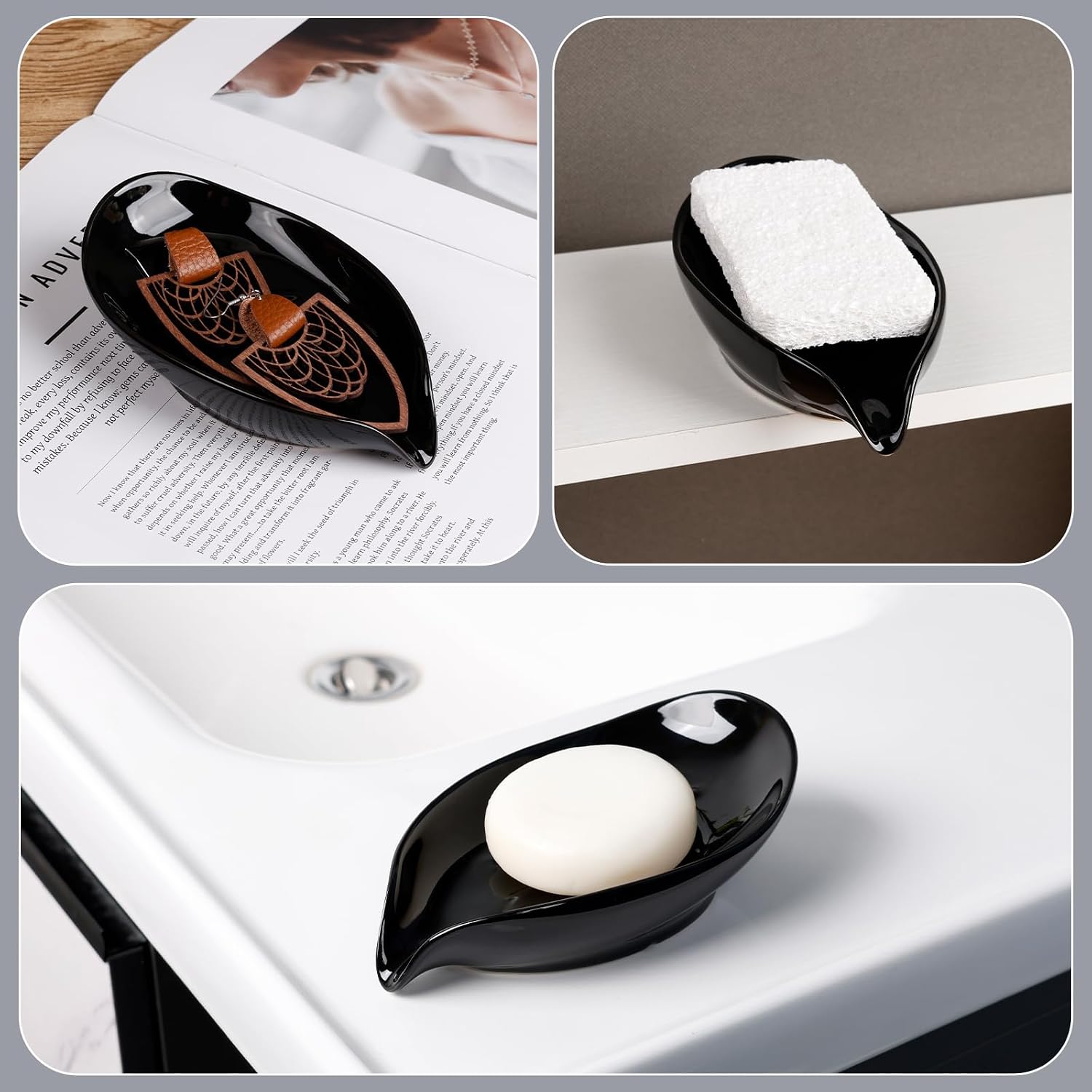 Leaf Shape Ceramic Bar Soap Holder Drain Soap Dishes / Black- -enhanced Draining / Set of 2