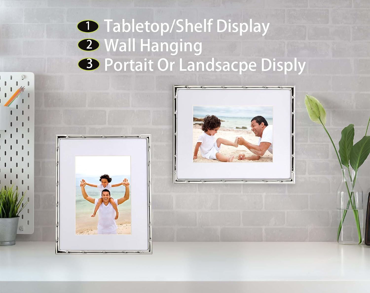 YiPinYin 8x10'' Bamboo Detail Designs Silver Metal Picture Frame with Mat for 5x7'' Set of 2,Narrow Silver Plated Photo