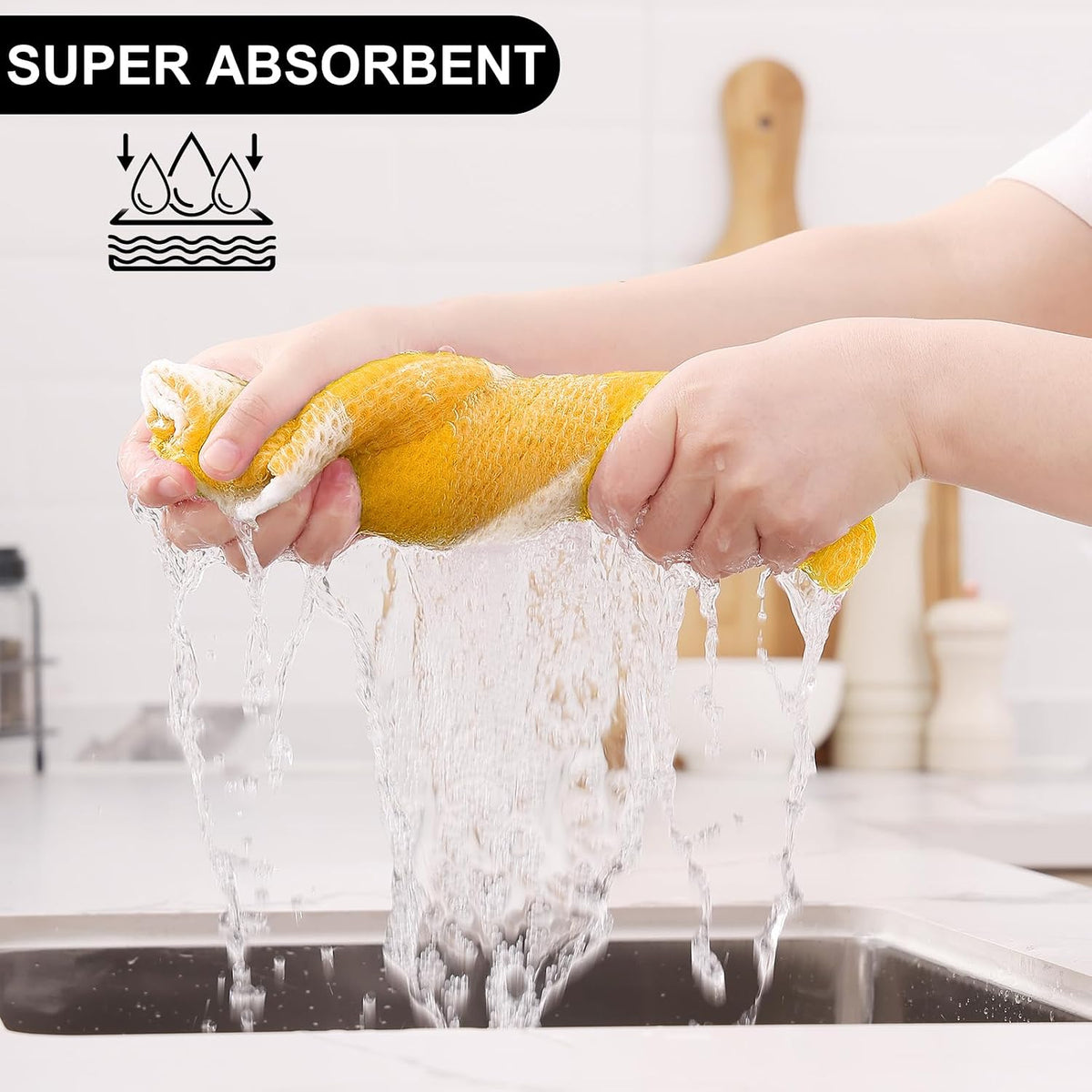 Homaxy Kitchen Towels and Dishcloths Set, Set of 10, White & Golden Yellow | Bulk Cotton Waffle Weave Check Plaid